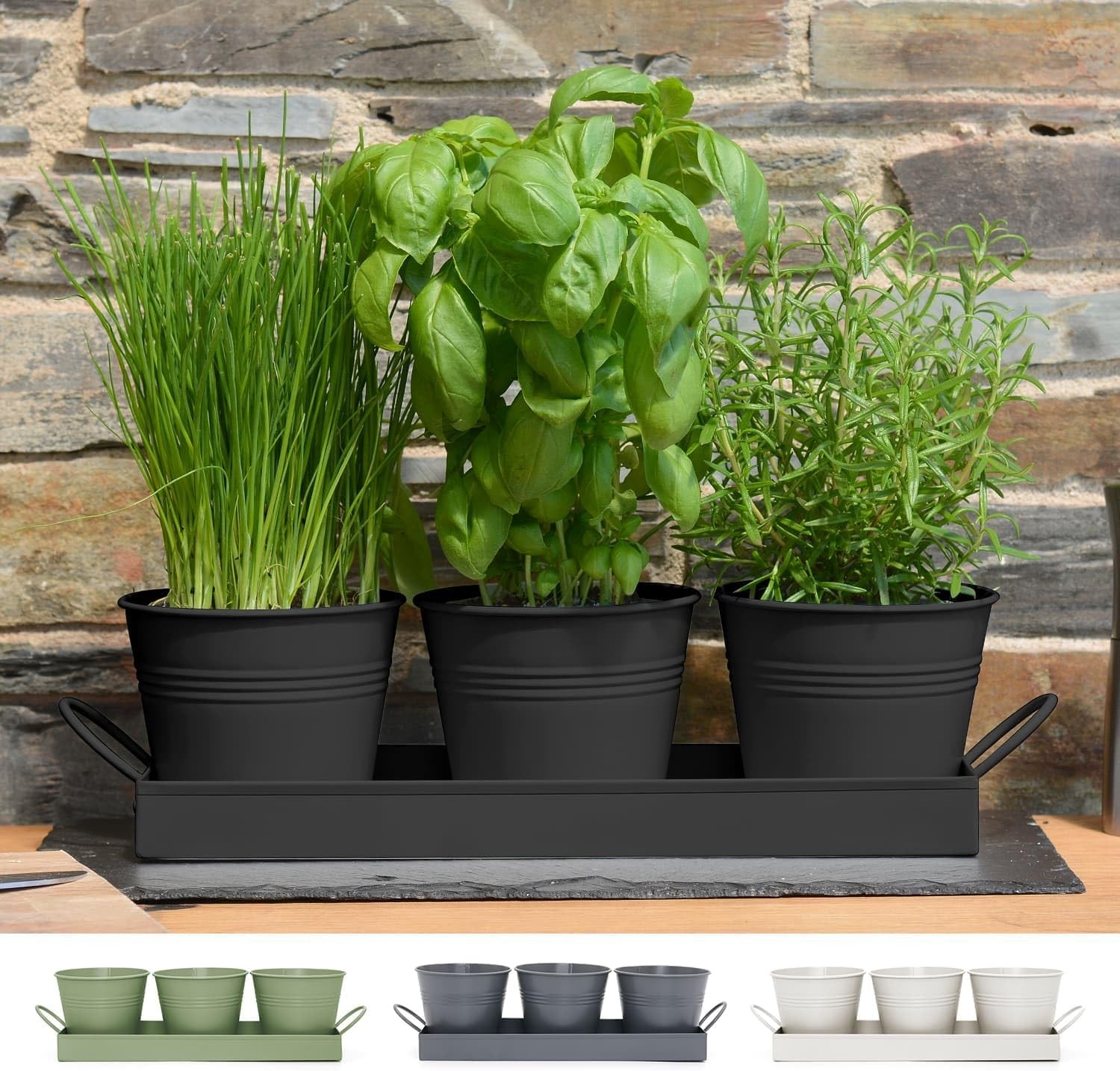 CKB LTD Set of 3 Metal Herb Plant Pots with Drip Tray Traditional Indoor Window
