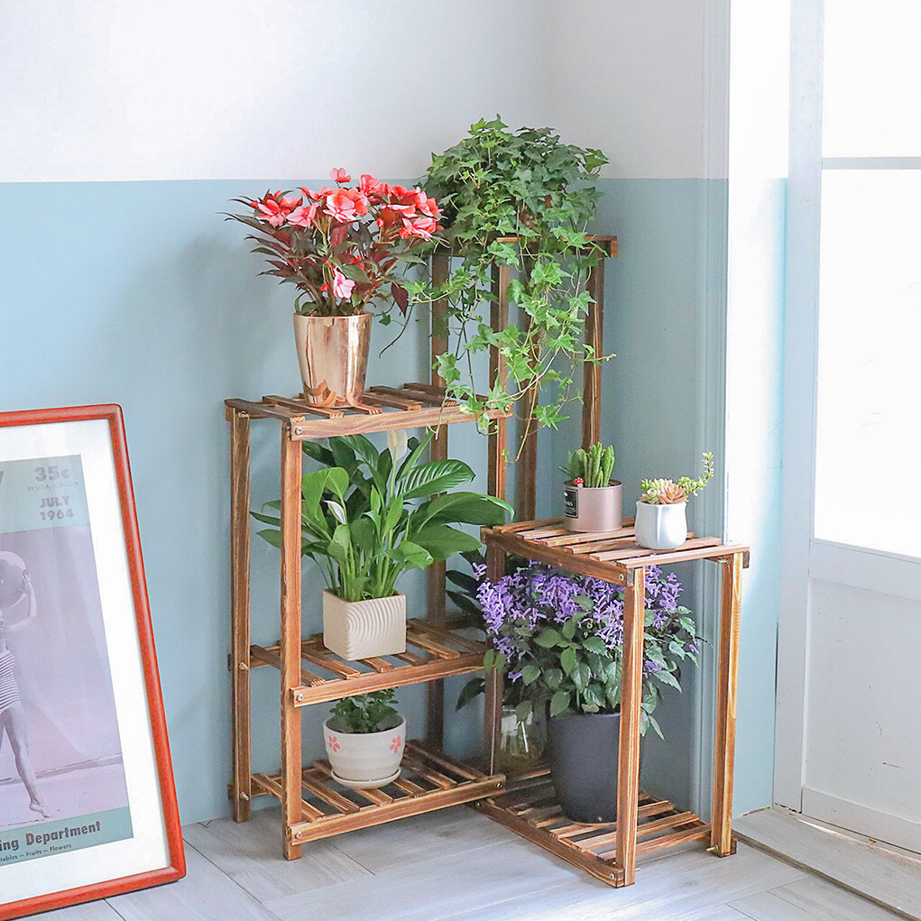 6 Tiers Wood Rack Combination Plant Shelf Yard Flower Stand Indoor Outdoor Patio