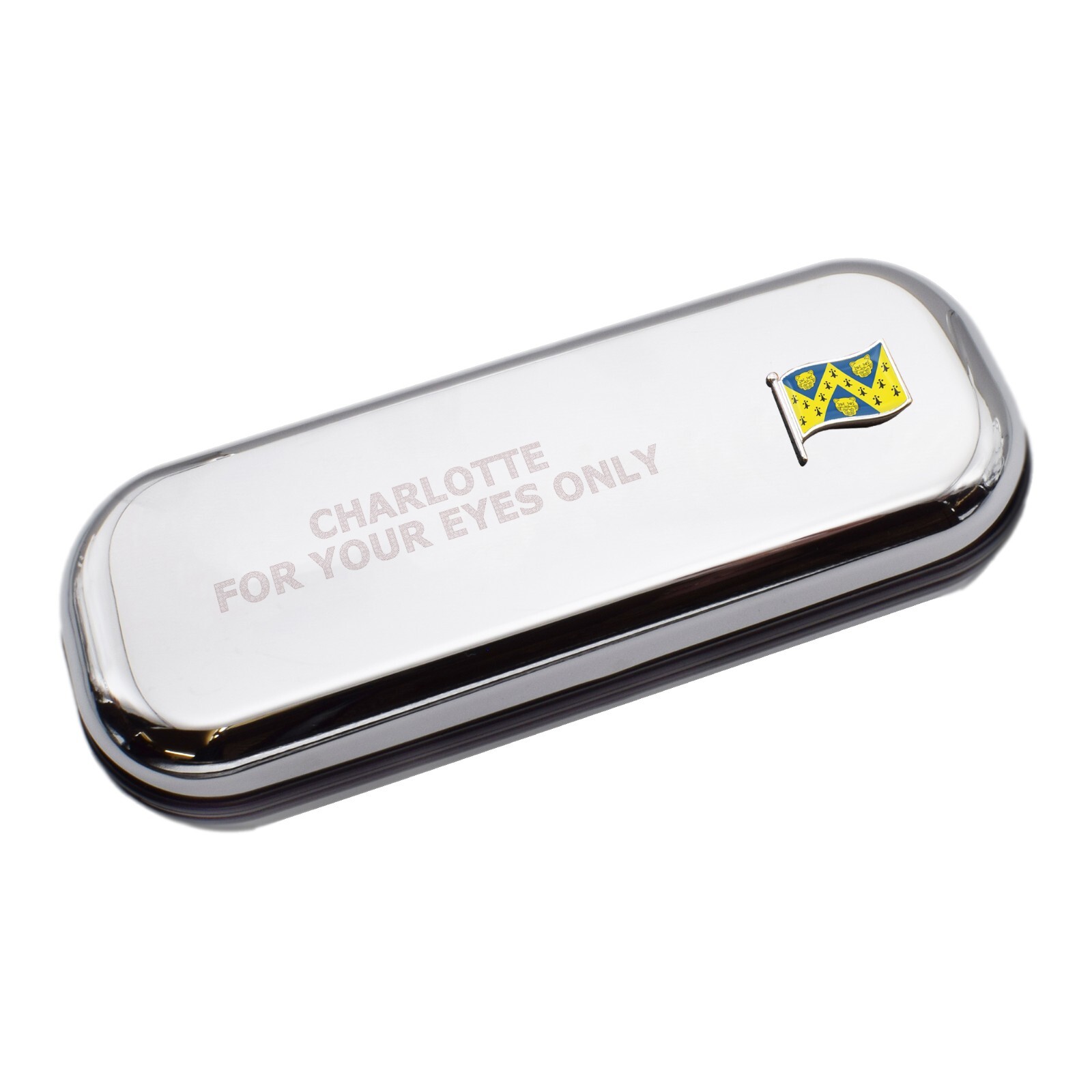 Shropshire Wave Flag & Engraved With Message Chromed Glasses Case Box