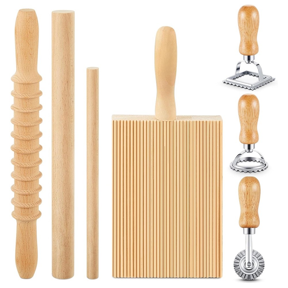 7 Pcs Pasta Making Tool, Wood Gnocchi Board with Ravioli Stamp and Rolling9096
