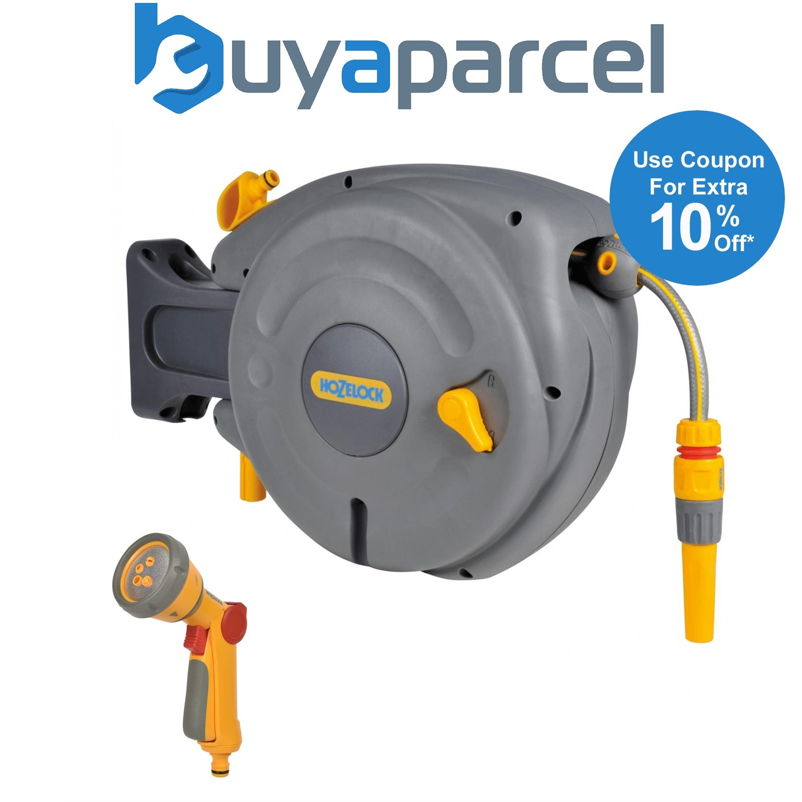 Hozelock 2485 10m Mini Hose Reel Automatic Retracting Auto Reel & 2679 Spray Gun