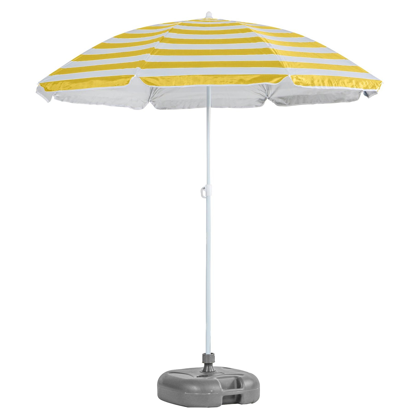 1x Metal Beach Parasol with Base 1.8M x 2M Yellow Stripe/Grey UPF50+ Umbrella