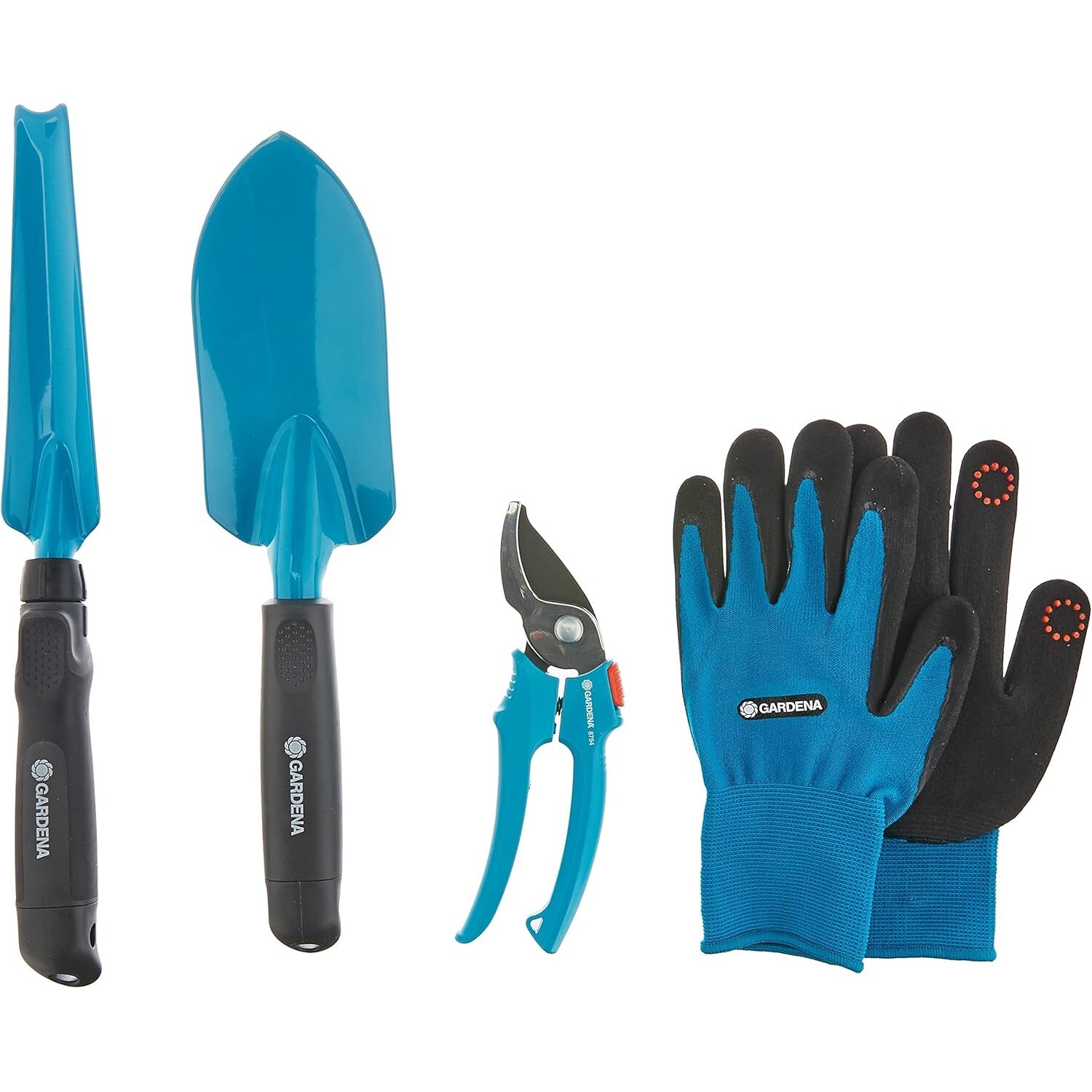 GARDENA Garden Hand Tool Set 4pc Kit With Trowel, Shears, Weeder & Gloves – Blue