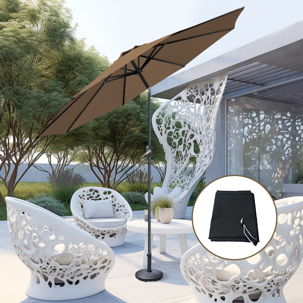 3M Garden Parasol Outdoor Patio Tilt Crank Umbrella Shelter Taupe w/ Base Cover