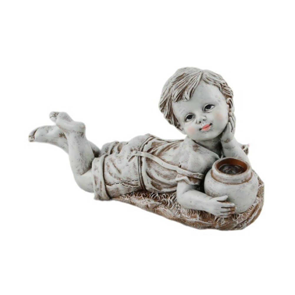 Kid with Solar Lights Garden Decoration Outdoor Statue Resin Jar Flowerbed8720