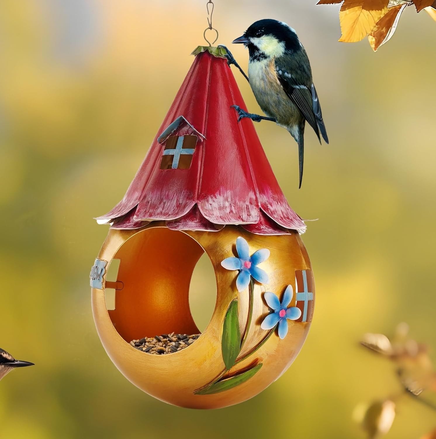 Muldale Solar Bird Feeder Fairy House - Hanging Copper Garden Ornament - Rustpr