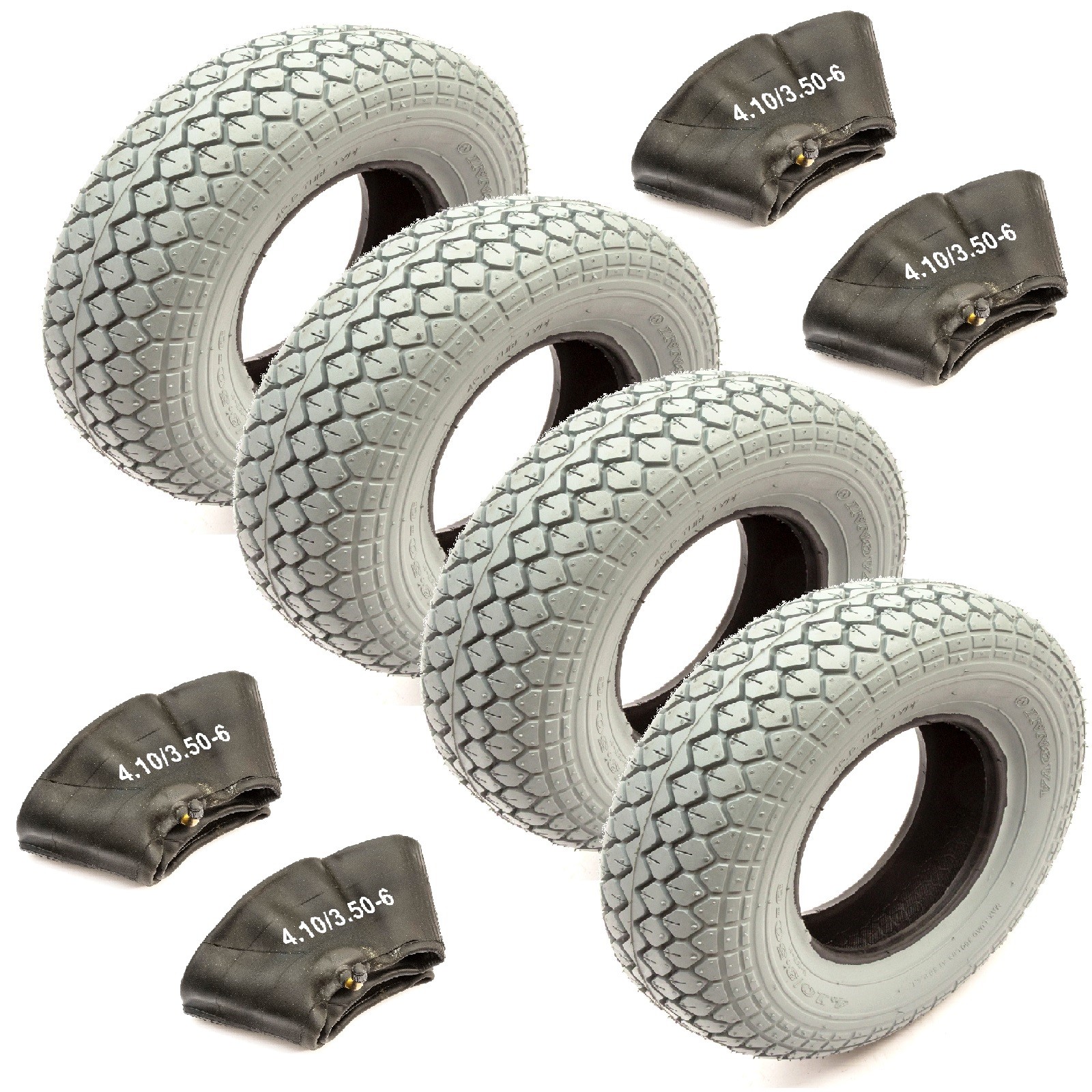4x Mobility Scooter Tyre 4.10/3.50-6 & Inner Tube Bent Valve Block Tread Grey