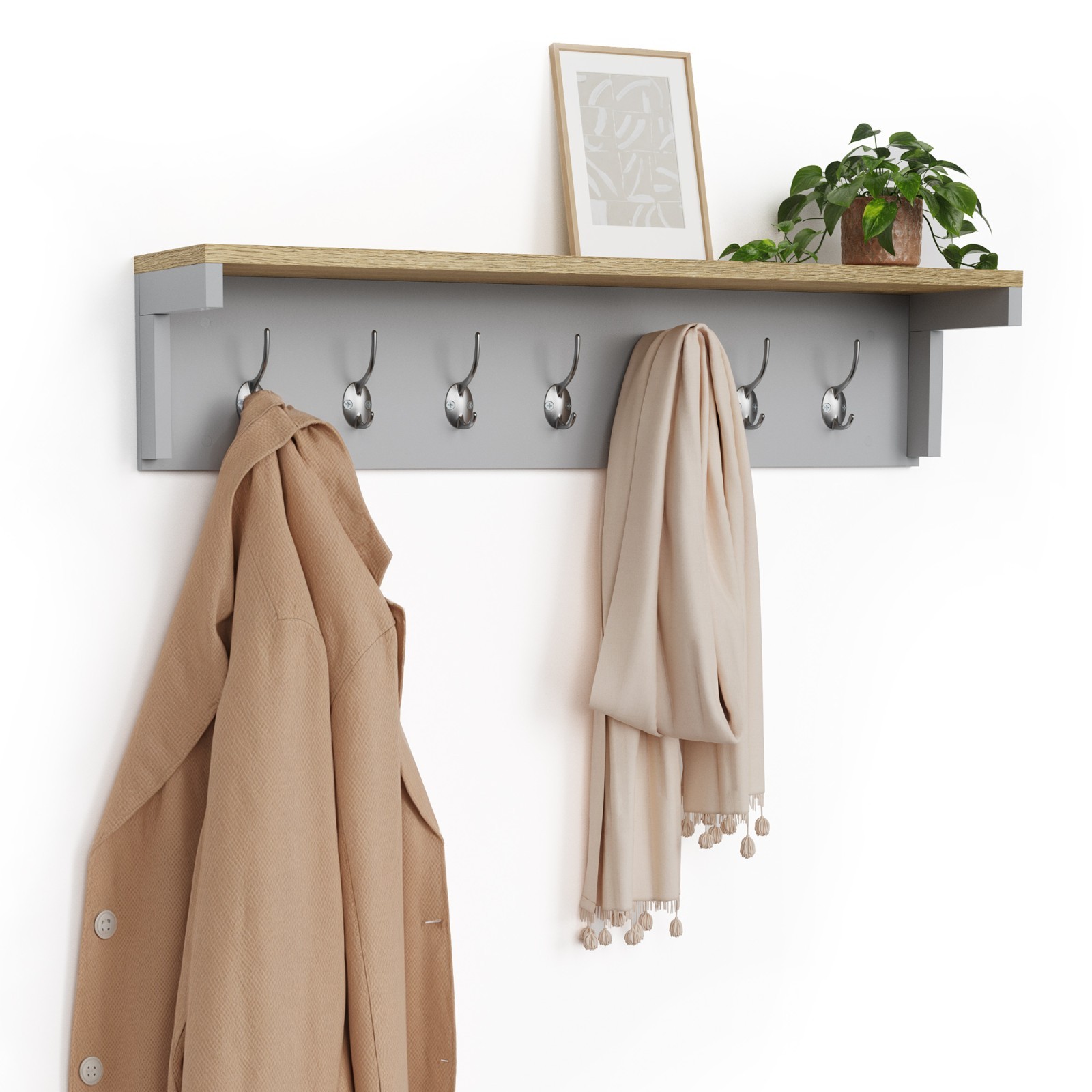 Coat Hooks Wall Mounted, Grey Coat Rack with Wood Effect Shelf, VonHaus