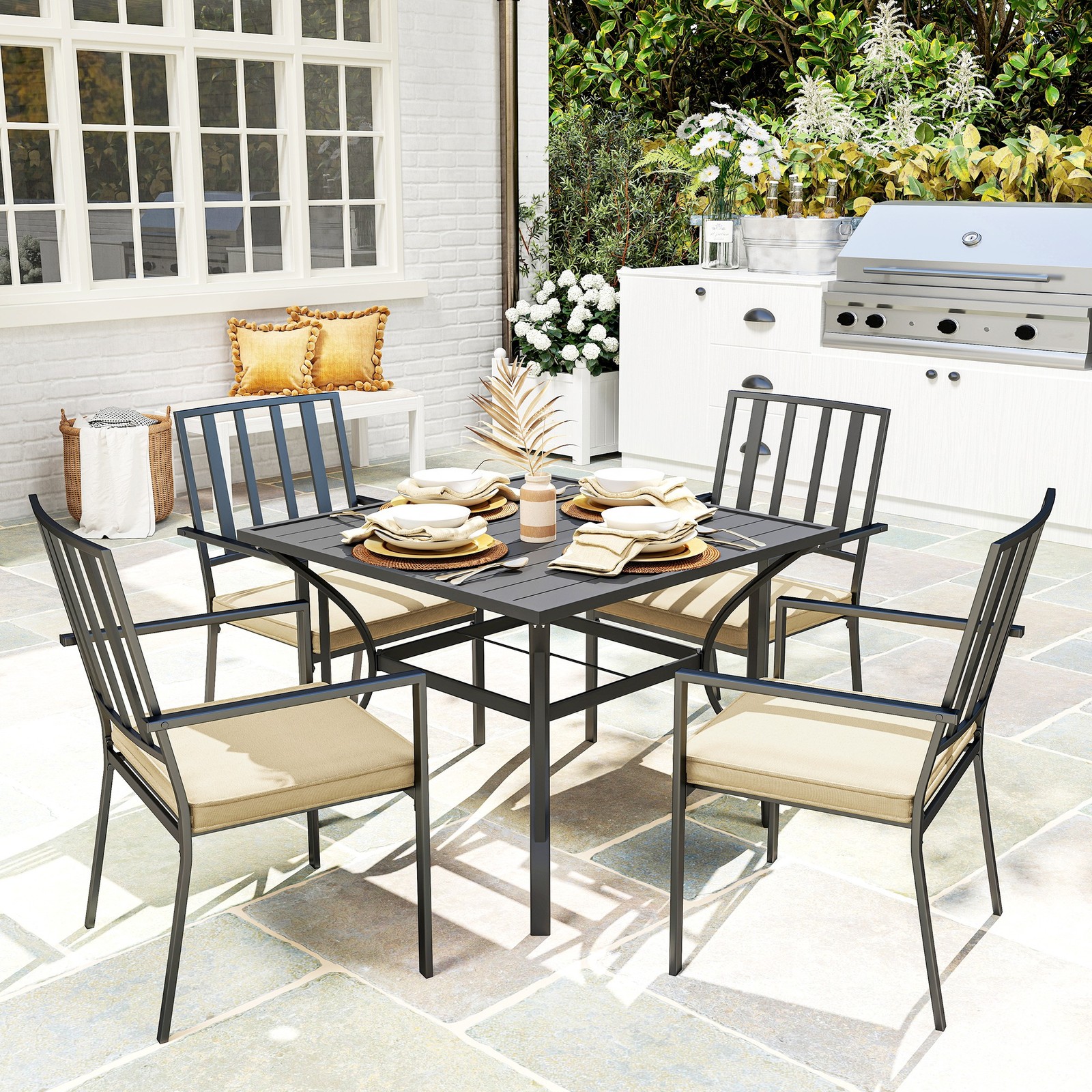 Garden Dining Set w/ 4 Stackable Cushioned Chairs & Metal Top Table, Black