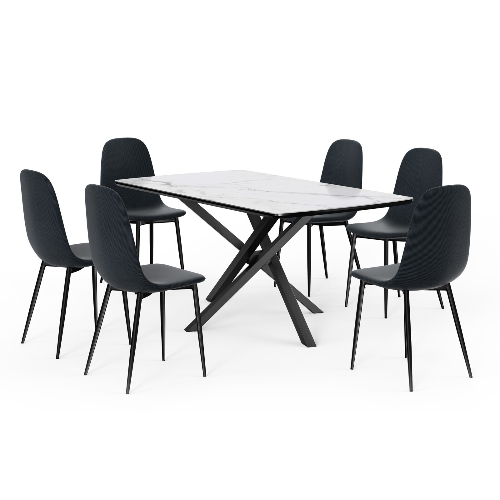 Dining Table & Chairs Set, Marble Effect Table with 6 Dining Chairs, VonHaus