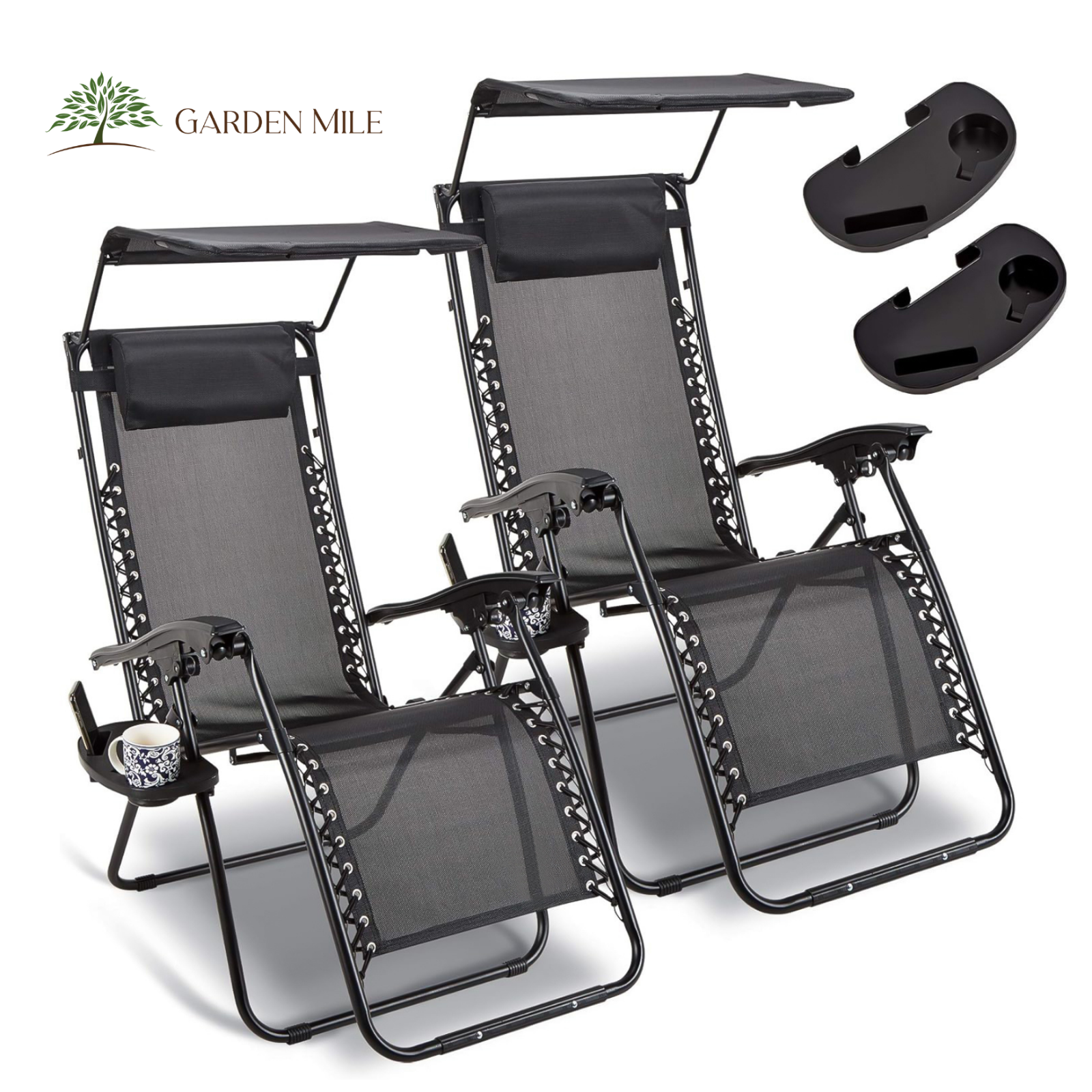 2x Recliner Sun Loungers Chairs Deckchair Black Bed Garden Canopy Drinks Holder