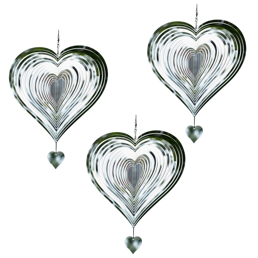 3X(3D Heart-Shaped Wind Turner, Silver Heart-Shaped Wind Turner for4240