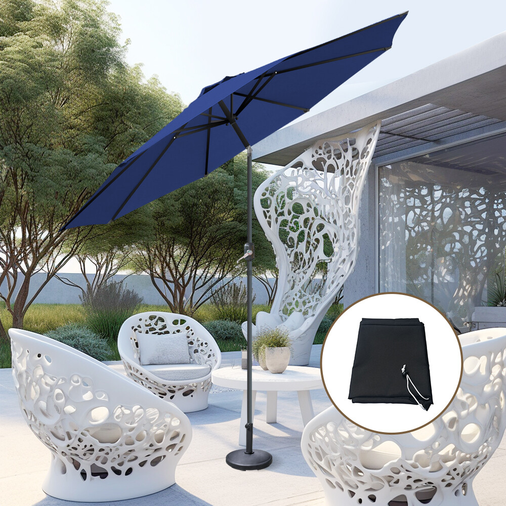 3M Patio Umbrella Canopy Tilt Crank Round Parasol Sun Shade Blue w/ Base Cover