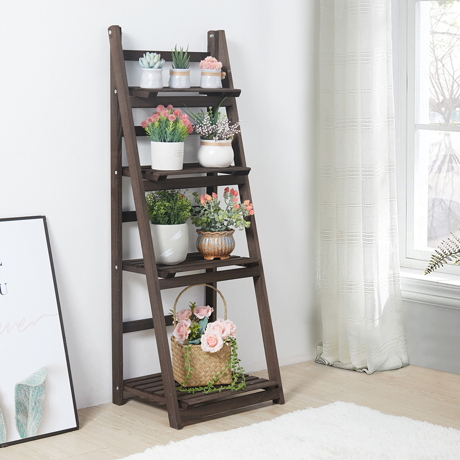 Vintage Wood Foldable Ladder Shelf Wood Plant Stand Display Corner Storage Patio