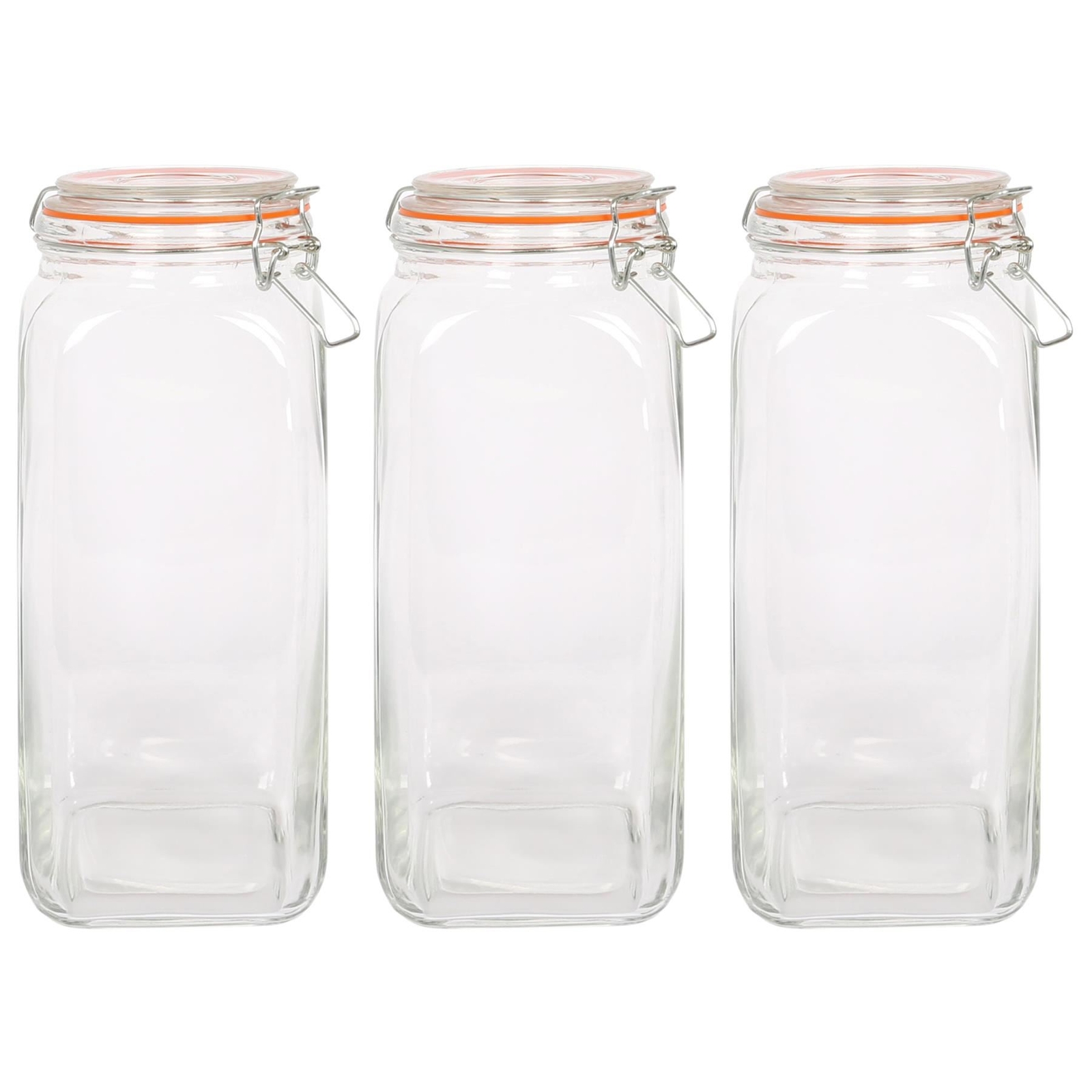 3x 2L Square Glass Jars with Clip-Top Lids Airtight Food Storage Canister