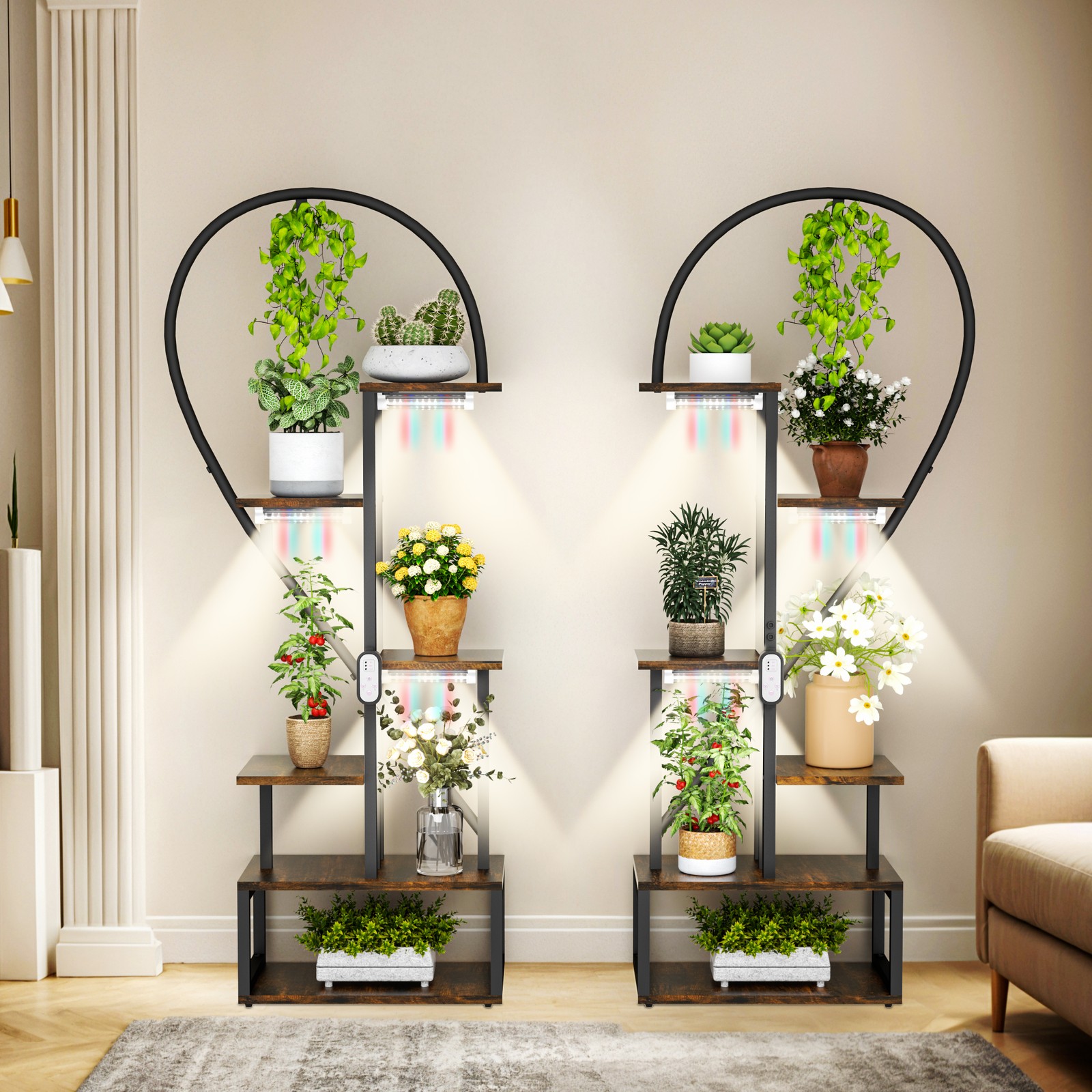 Creative Heart Shaped Plant Stand with LED Grow Lights Wood Stepped Display Rack