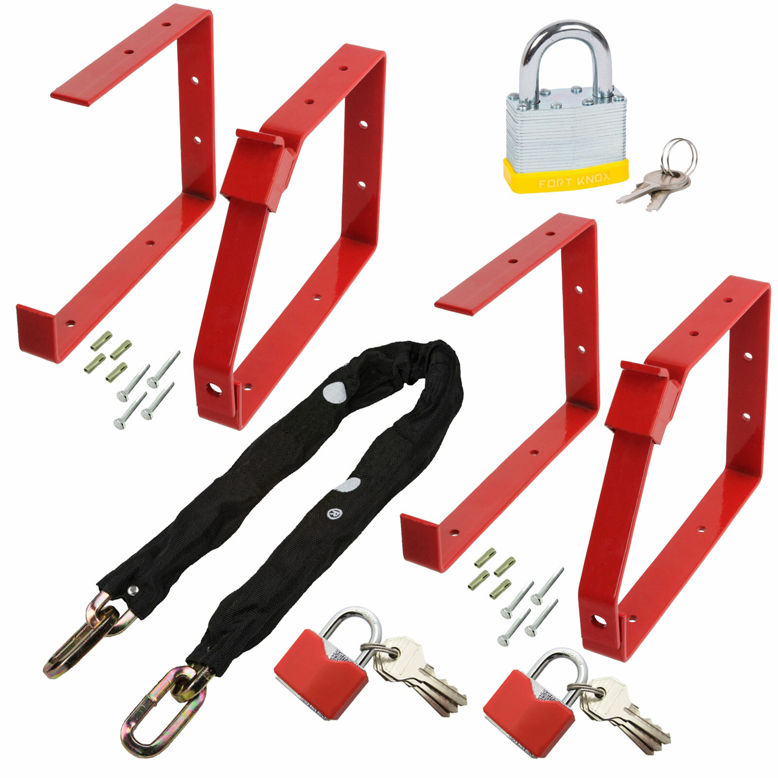 Complete Ladder Security Chain Kit Wall Brackets Locking Bar Padlock Set Keys x2