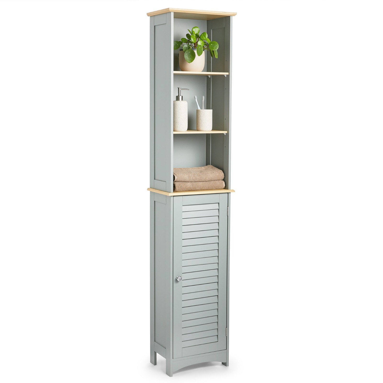 Tall Bathroom Cabinet Tallboy | Slim Grey Storage Cupboard & 6 Shelves | VonHaus