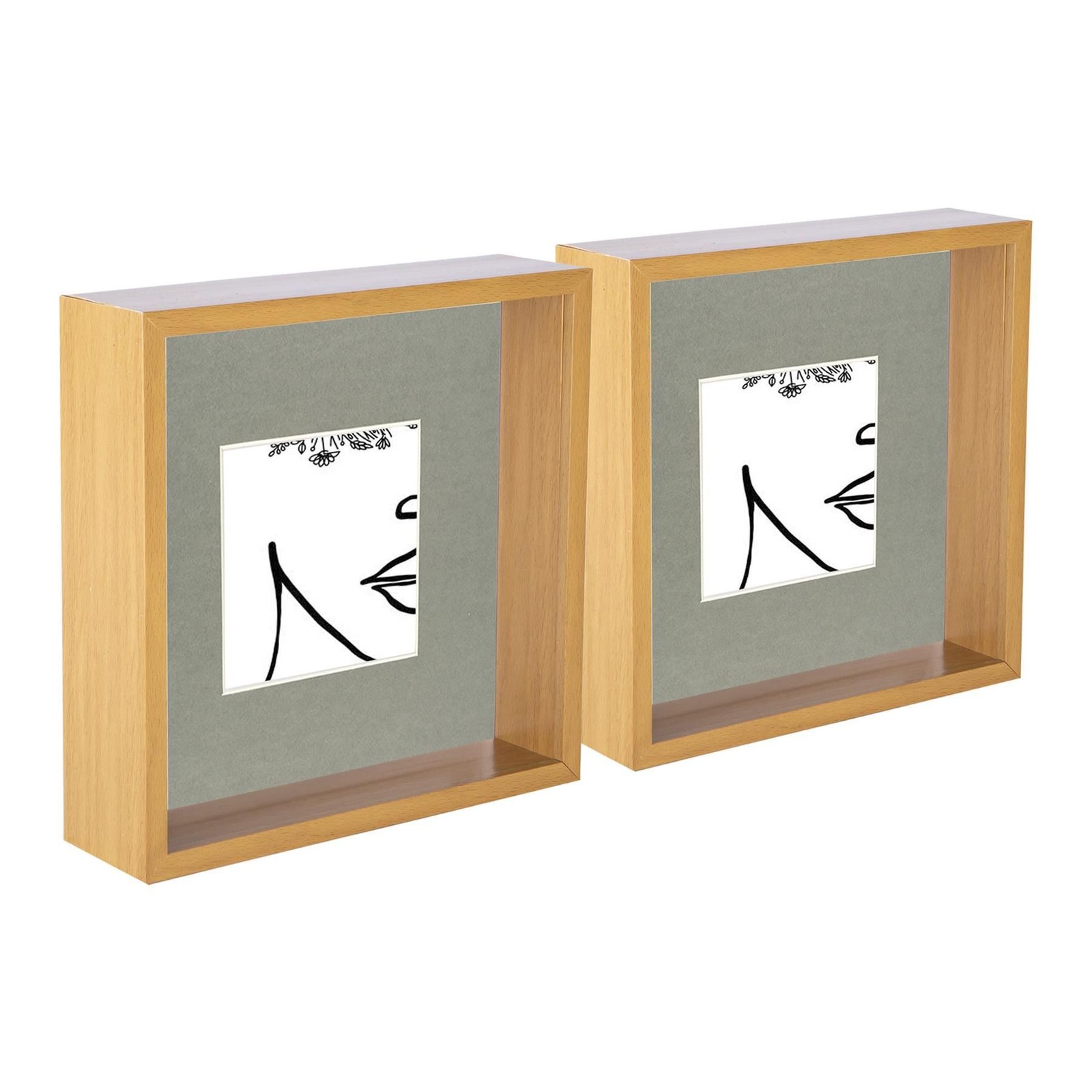 5x 3D Deep Box Photo Frames 8 x 8" with 4 x 4" Mount Light Wood/Grey