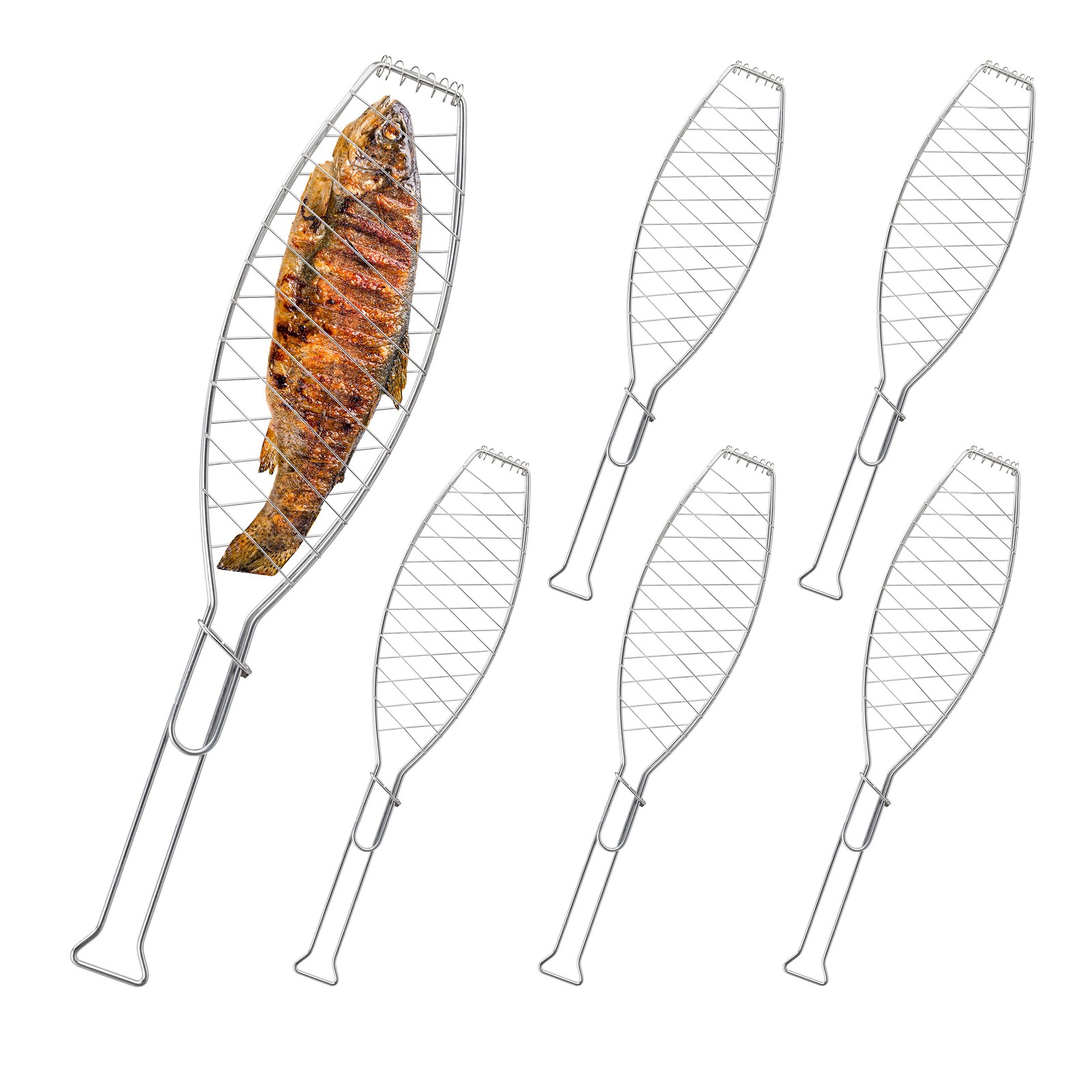 Fish Roaster Grill Stainless Steel Grid Basket Tongs Set Vegetables Barbecue