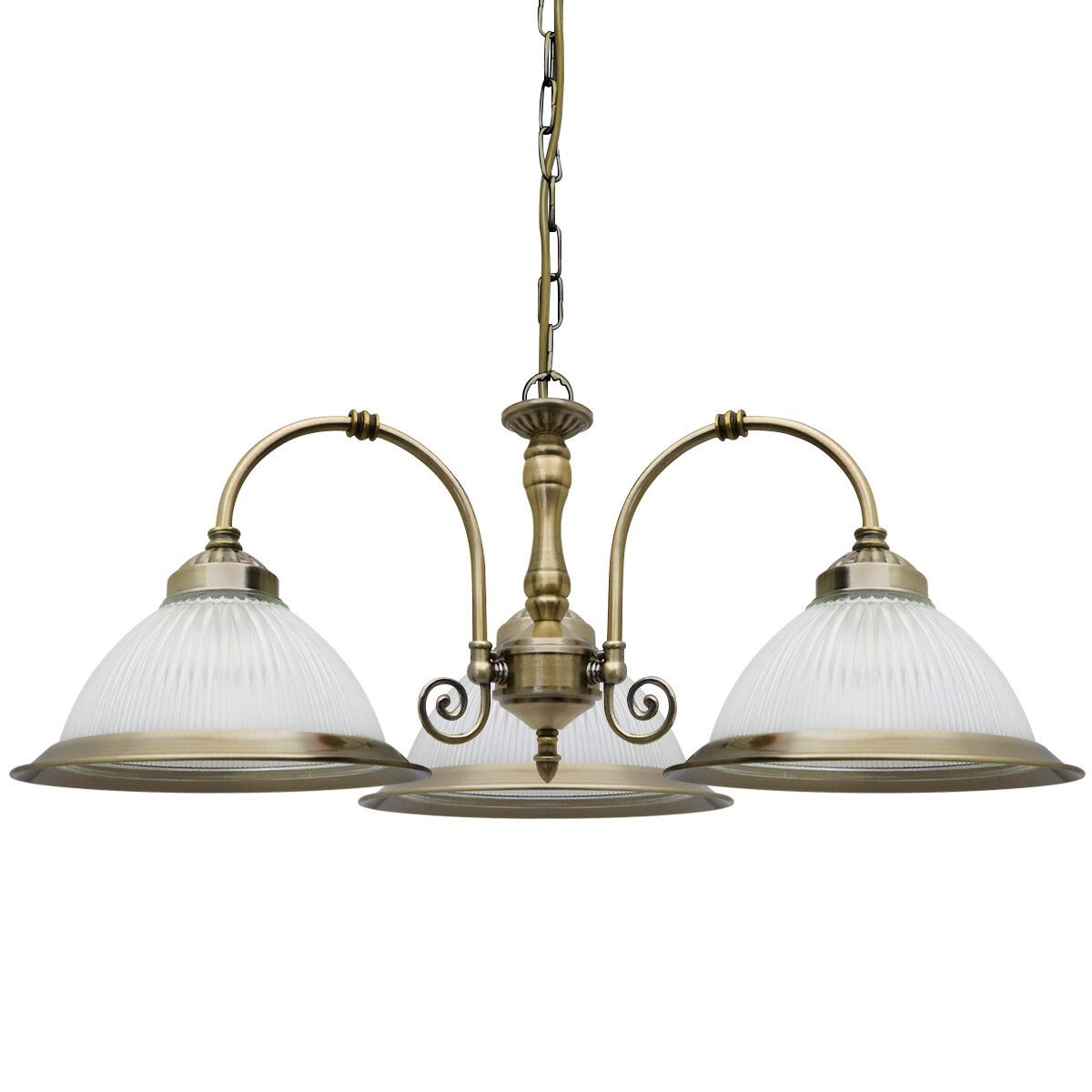 Vintage Ceiling 3 Light Antique Brass Pendant Light Ribbed Glass Lamp Shade K431