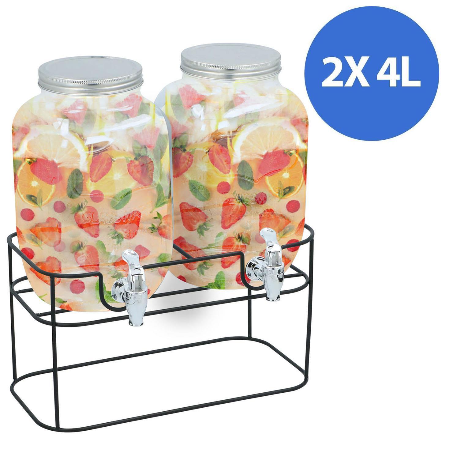 2 x 4 Litre Dual Double Glass Beverage Drinks Dispenser Screw Lid Jugs Tap Stand