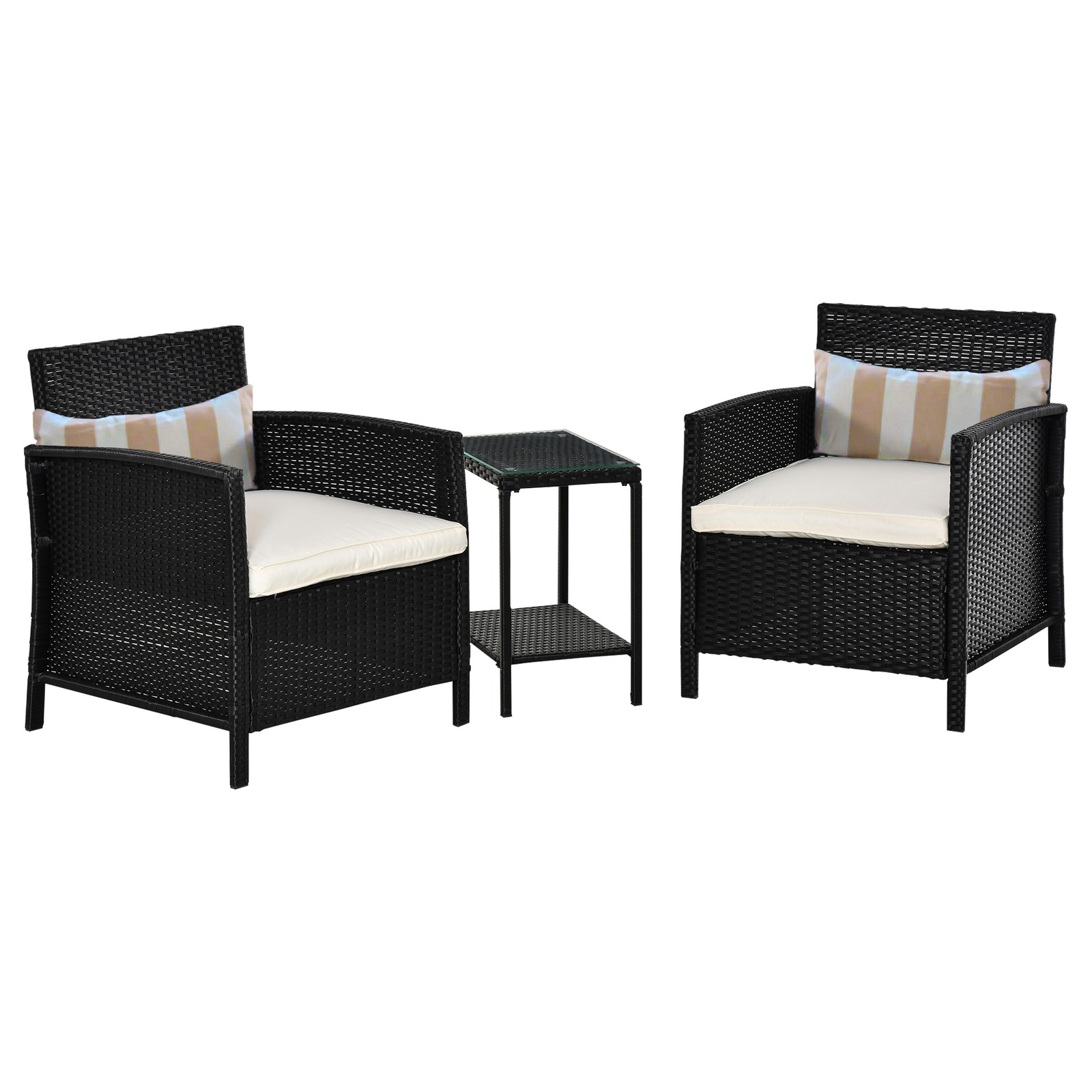Outsunny 3 PC Outdoor Rattan Sofa Set w/ Chairs Coffee Table Cushion Black