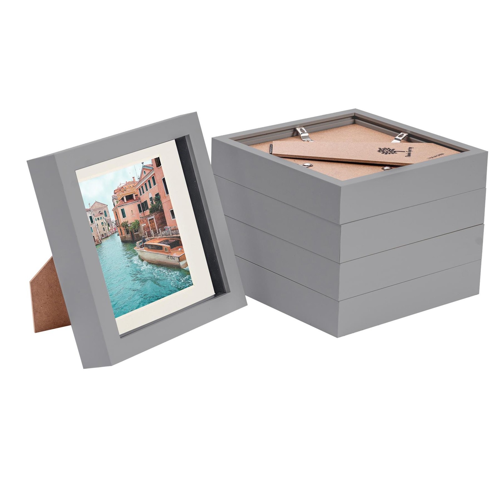 5x Grey 6" x 6" Acrylic 3D Box Photo Picture Frame - Ivory 4" x 4" Mount