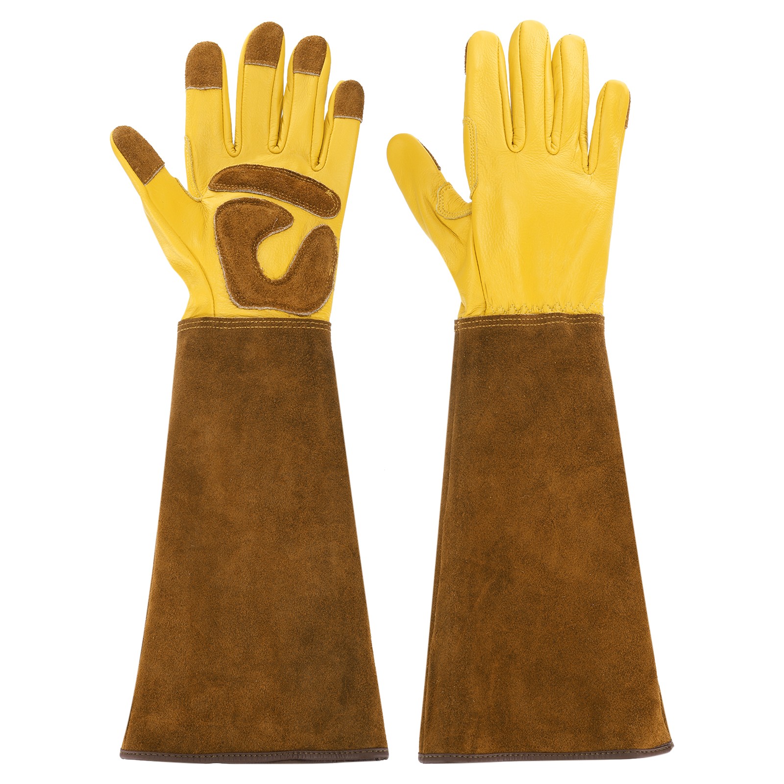 1 Pair m Long Gardening Gloves Cowhide Leather Pruning Garden Glove Yellow/Brown