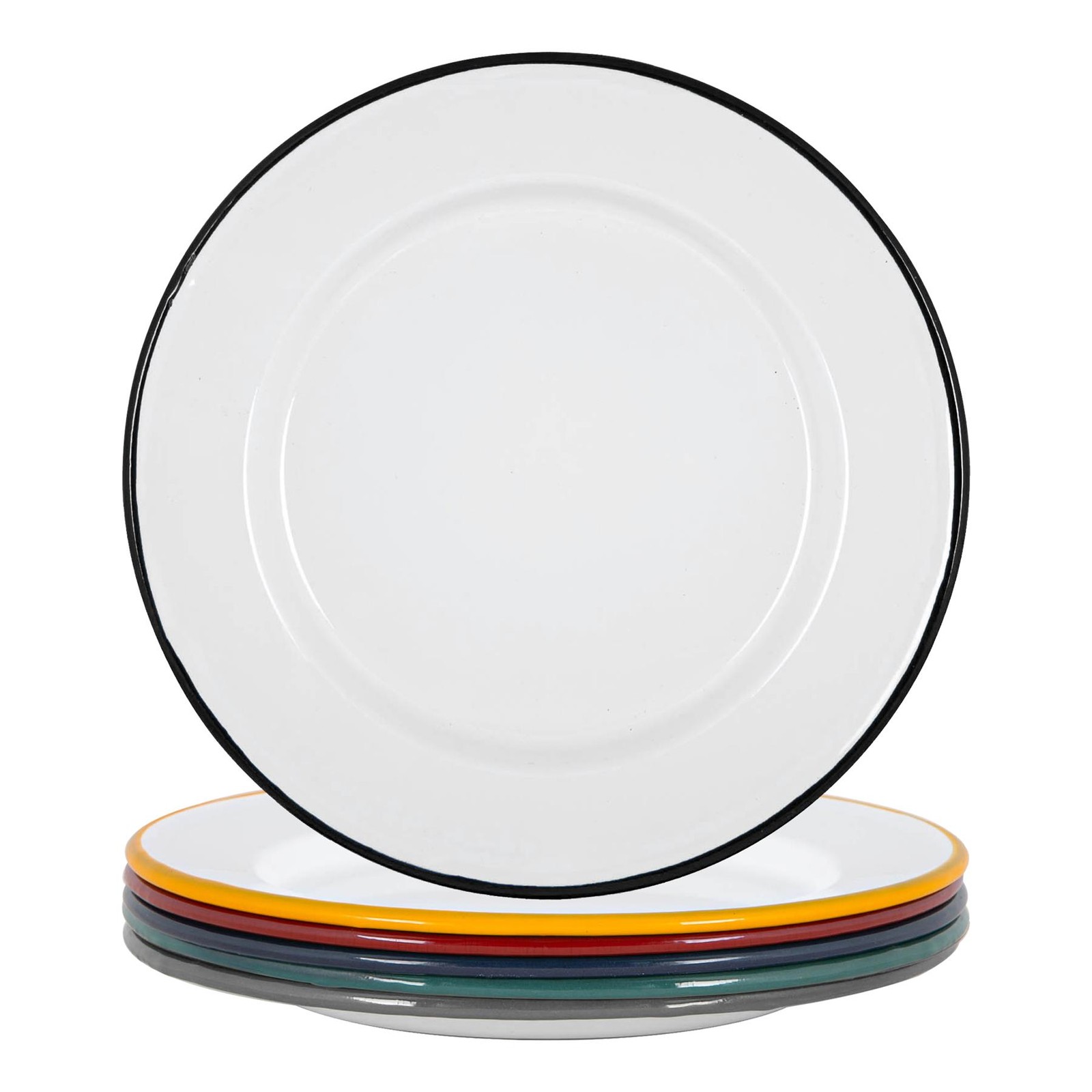 White Enamel Dinner Plates Metal Outdoor Camping Food Dishes 25.5cm 6 Colours