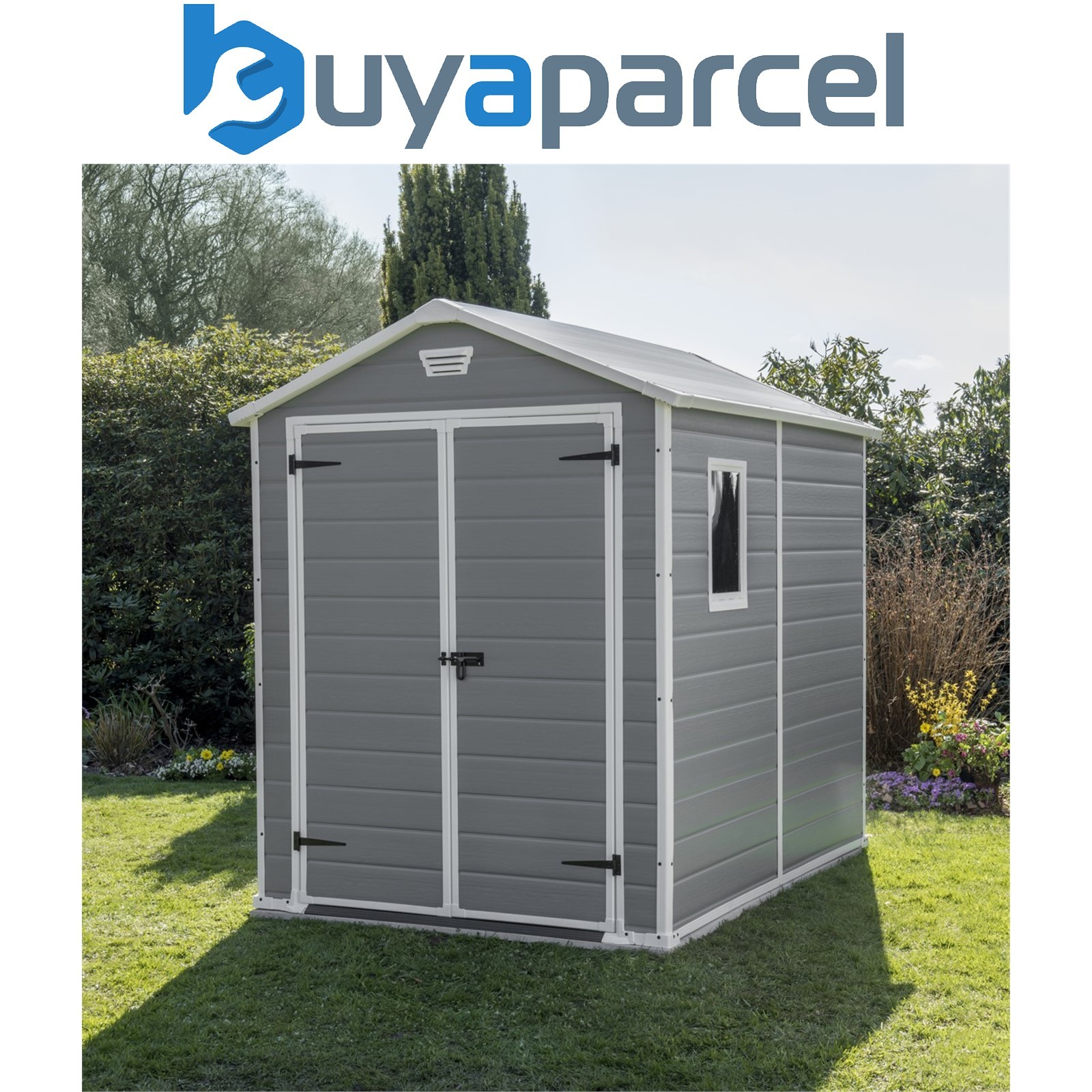 Keter Manor Grey Garden Shed 6 x 8 ft Apex Outdoor Storage Wood Effect Resin