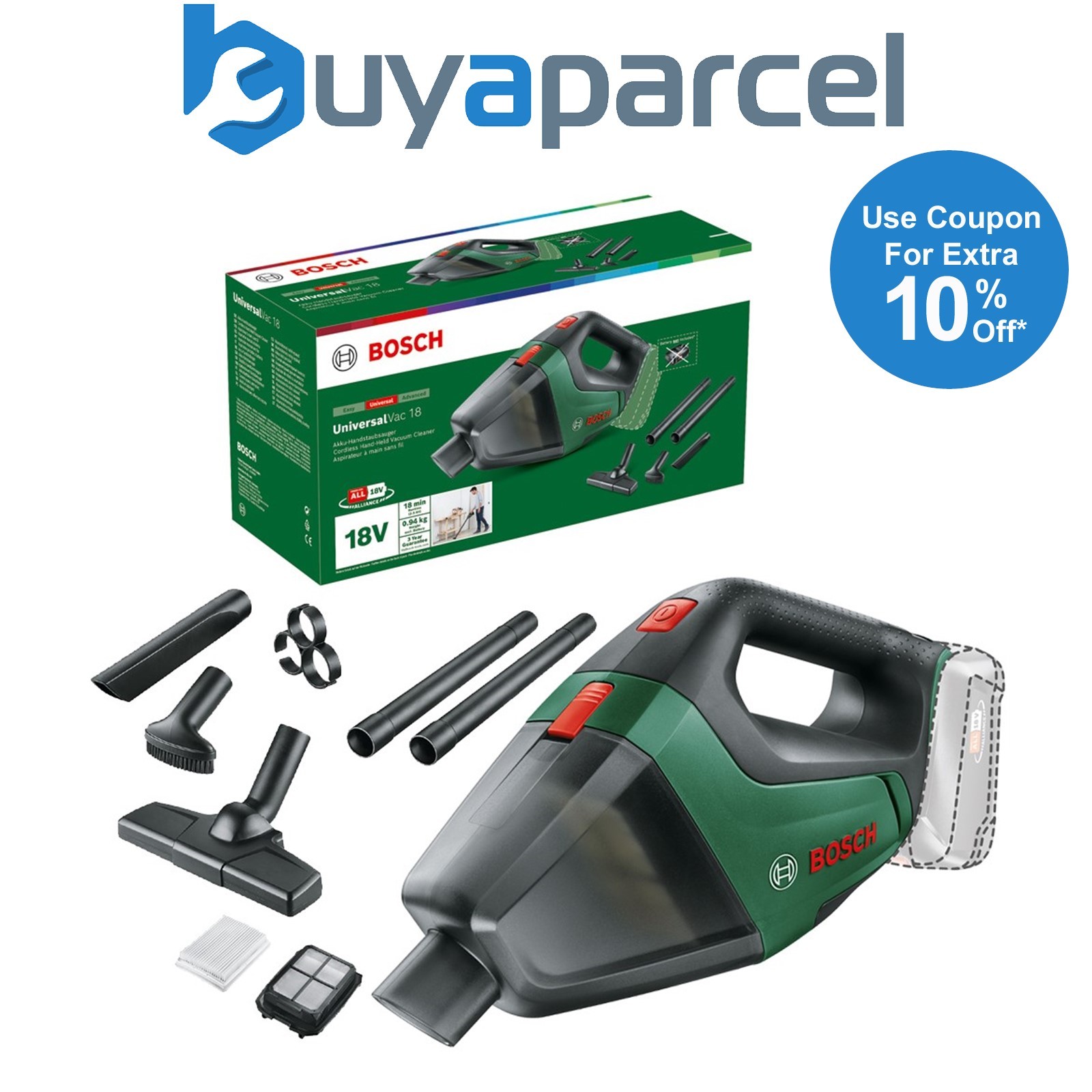 Bosch Cordless 18v Vacuum Cleaner UniversalVac 18 Bare 06033B9102 + Nozzles