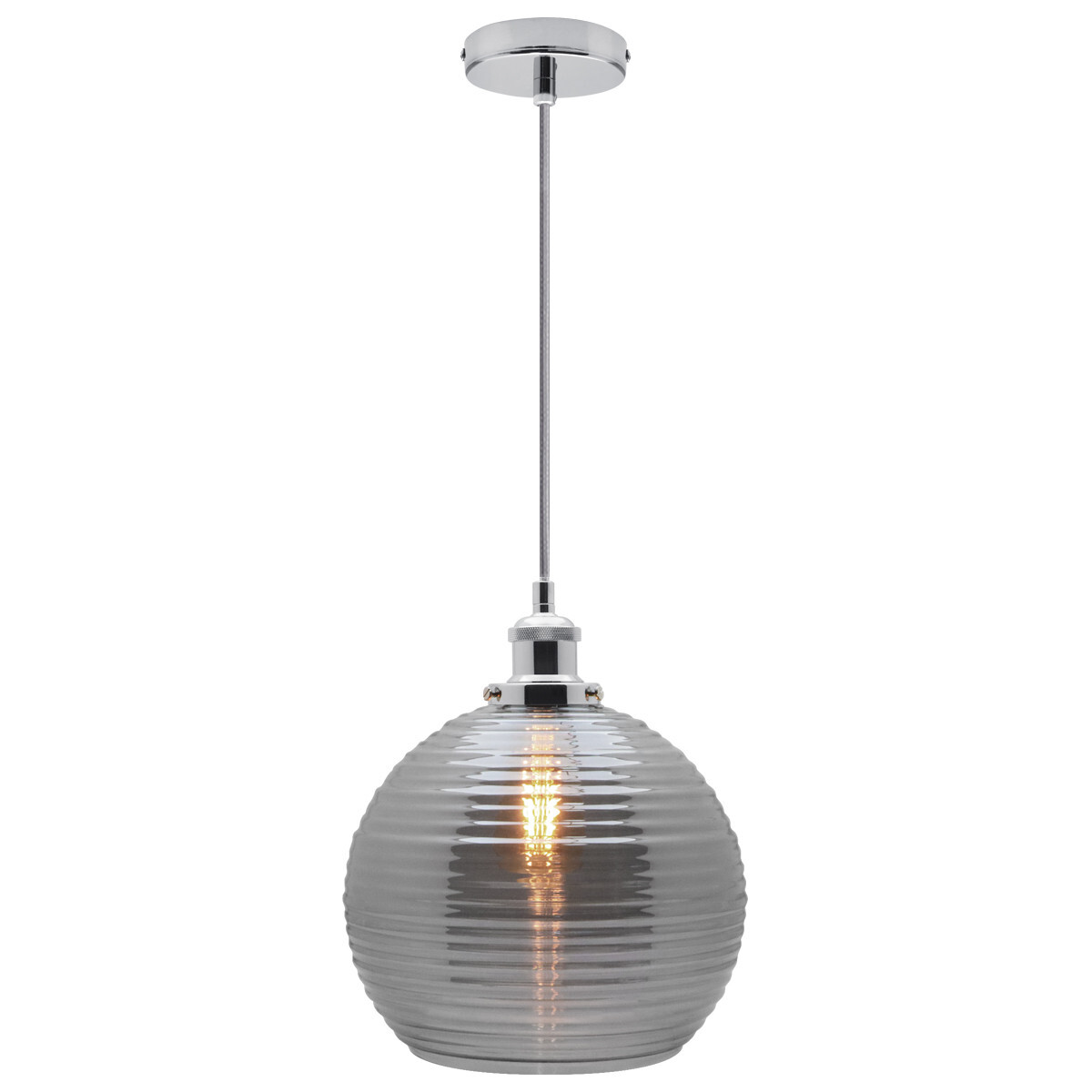 Modern Vintage Smoked Grey Ribbed Glass Globe Ceiling Pendant Lamp Shade K409