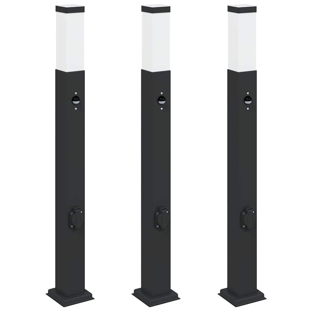 Bollard Lights 3pcs 80cm Black Stainless Steel with Sensor & Outlet IP44 vidaXL