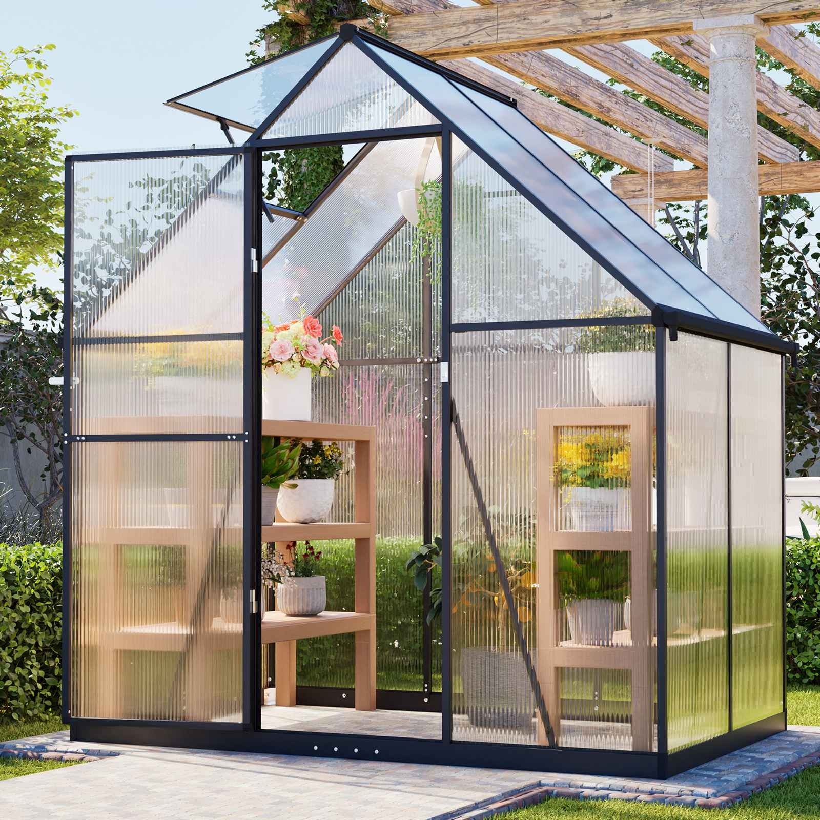 6X4FT Walk-In Greenhouse with Drainage Garden Outdoor Polycarbonate Green House