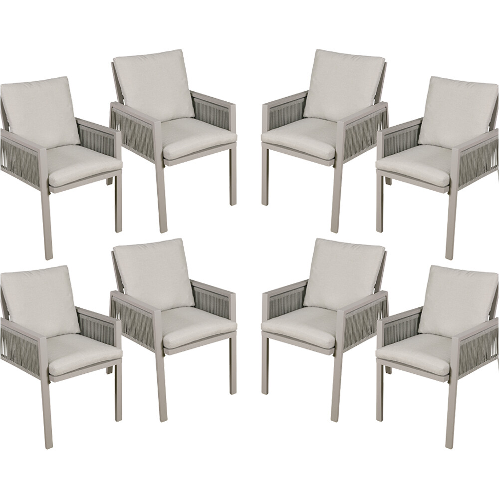 8 PACK Garden Dining Chairs & Armrests - Light Grey Aluminium & Rope - Outdoor