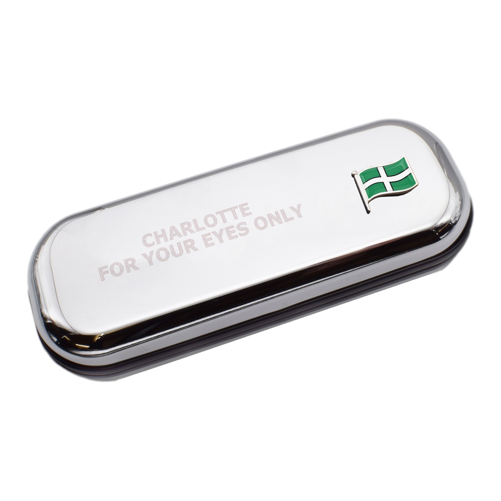 Devon Wave Flag & Engraved With Message Chromed Glasses Case Box