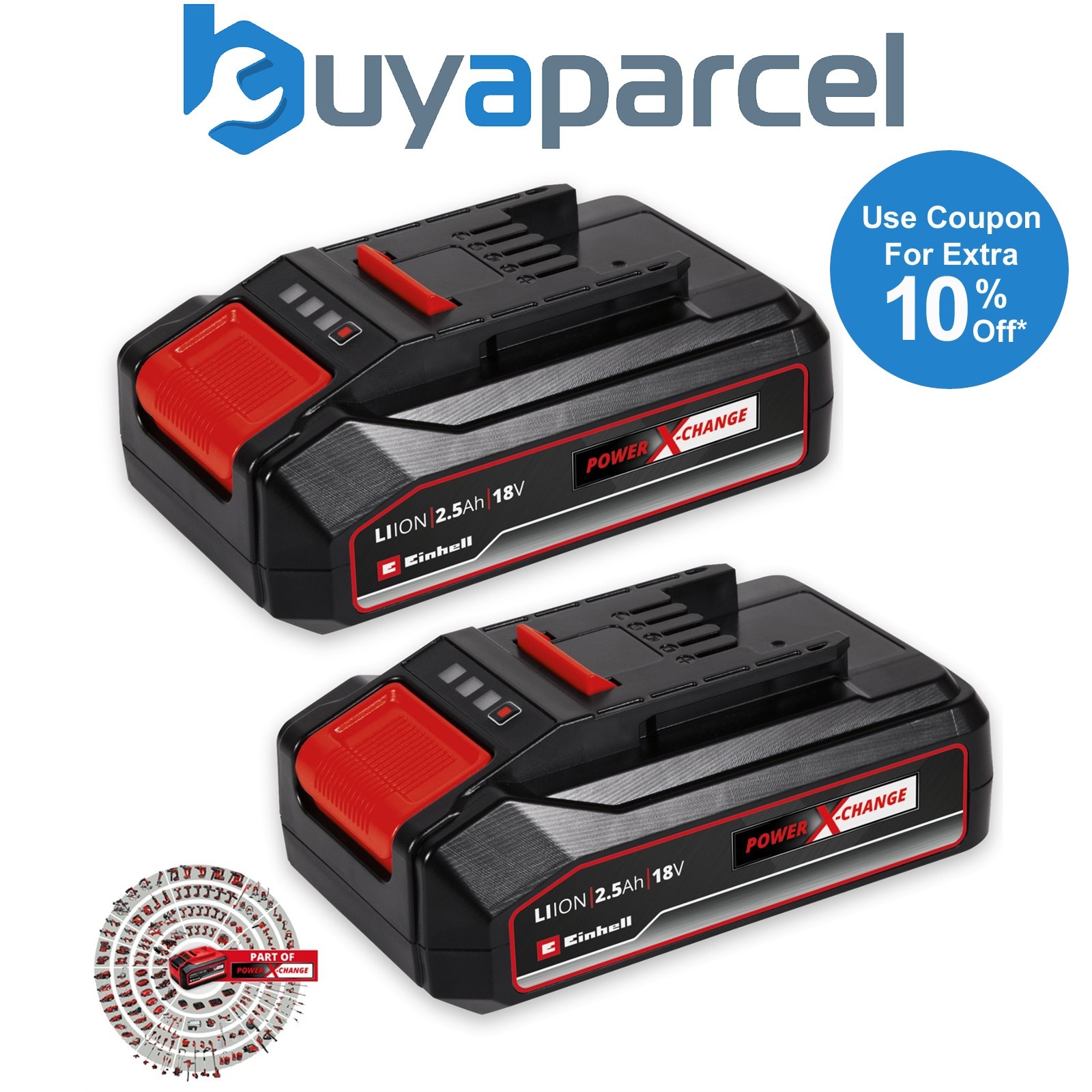 Einhell 2x 2.5Ah 18V Battery Power X-Change PXC Rechargeable Dust Resistant LED