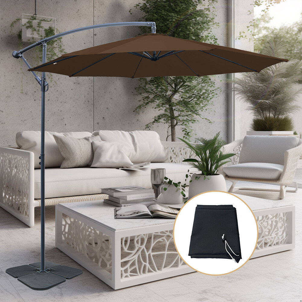 3m Garden Cantilever Parasol Patio Shade Banana Umbrella w/ Base Cover Coffee
