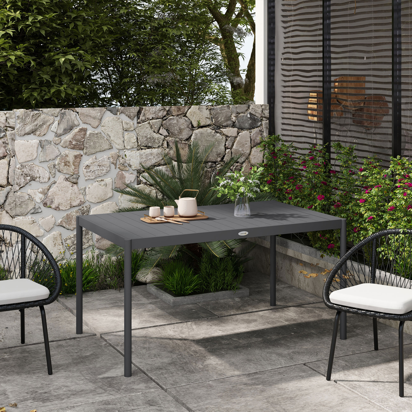 145cm Garden Table for 6 People with Aluminium Frame, Slatted Design, Dark Grey