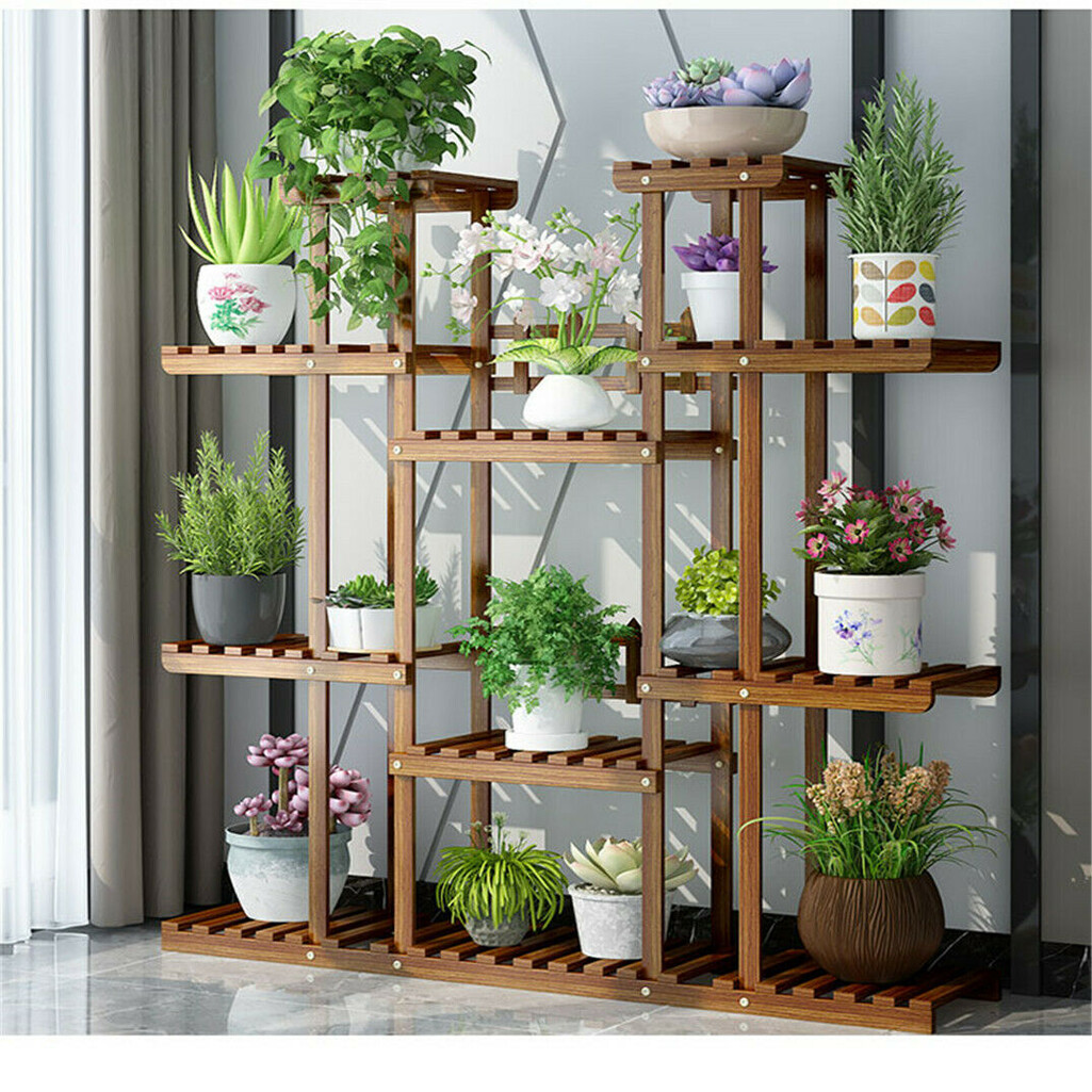 Large 11 Tiered Wood Plant Stand Carbonized Pot Shelf Holder Flower Shop Office
