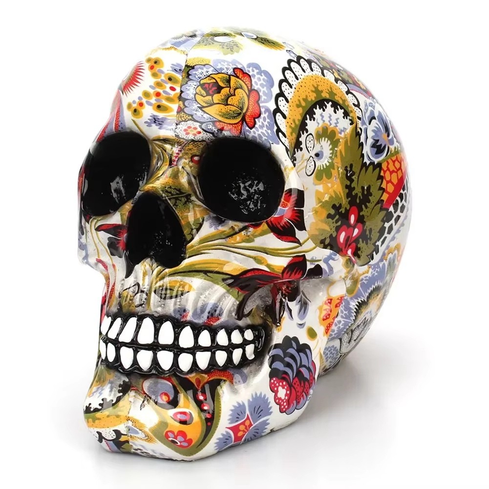 1pc, Horror Skull Decoration Resin Color Flower Painting Halloween Skull4930