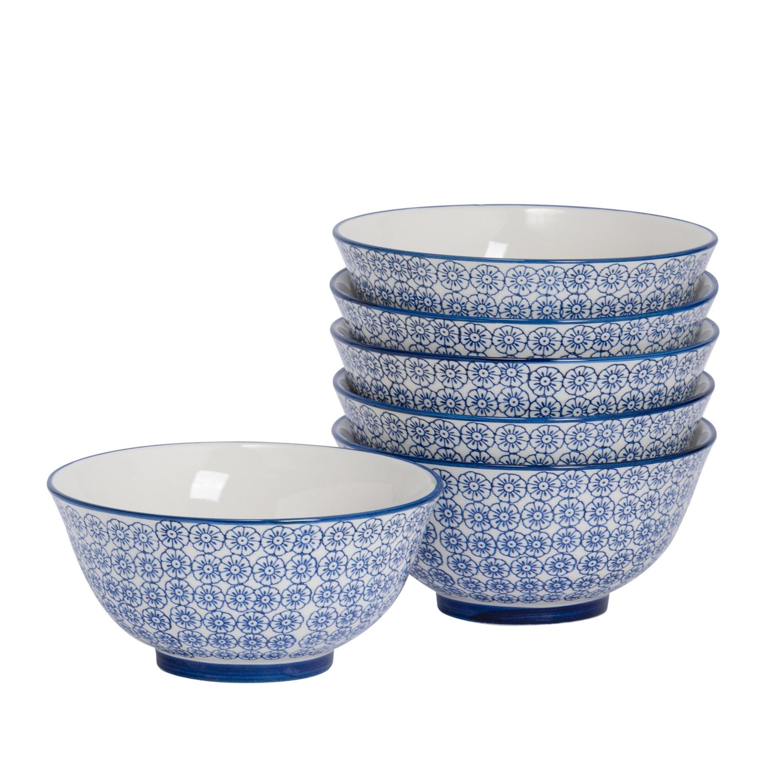 6x Hand-Printed Cereal Bowls Porcelain Breakfast Dining Crockery 16cm Navy