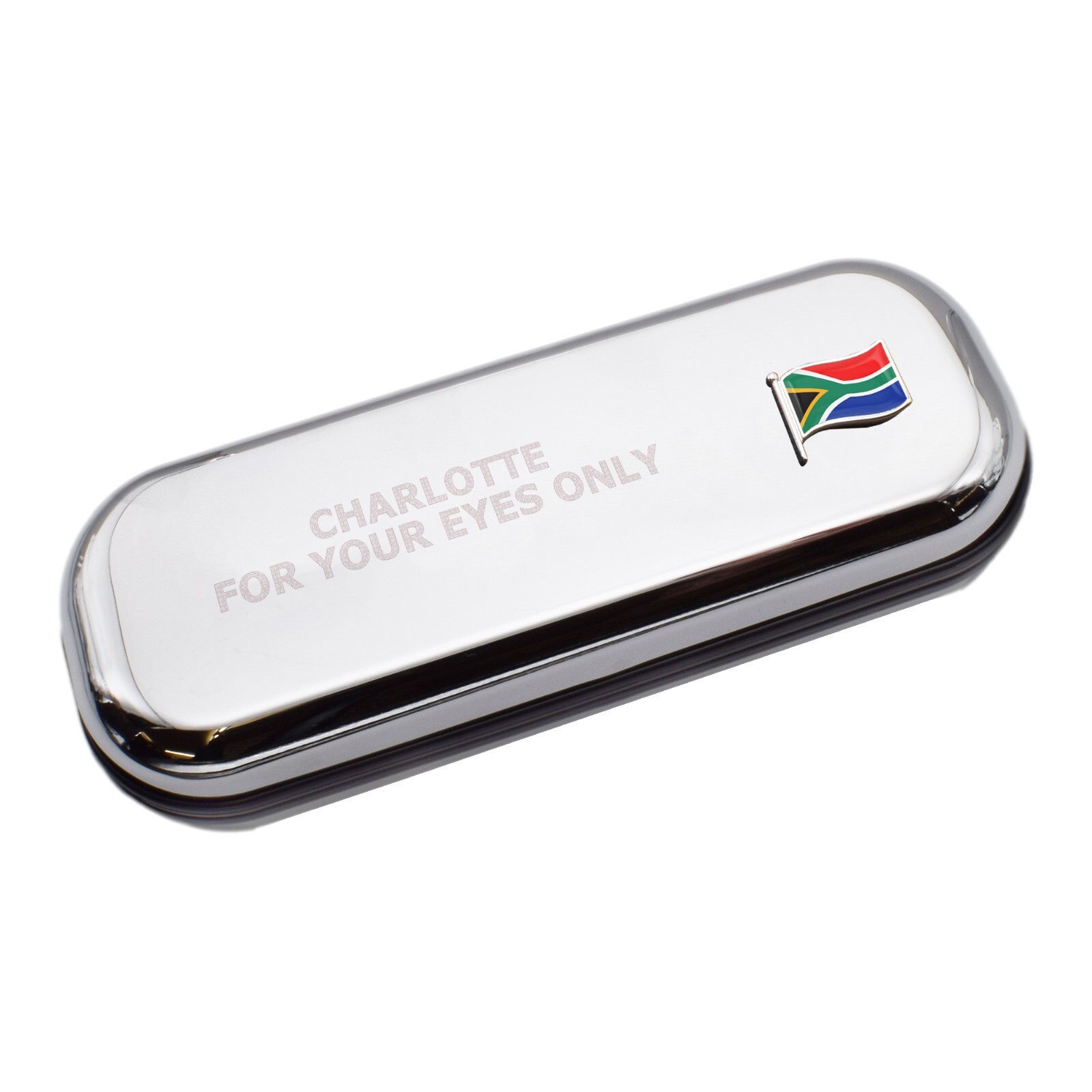 South Africa Wave Flag & Engraved With Message Chromed Glasses Case Box
