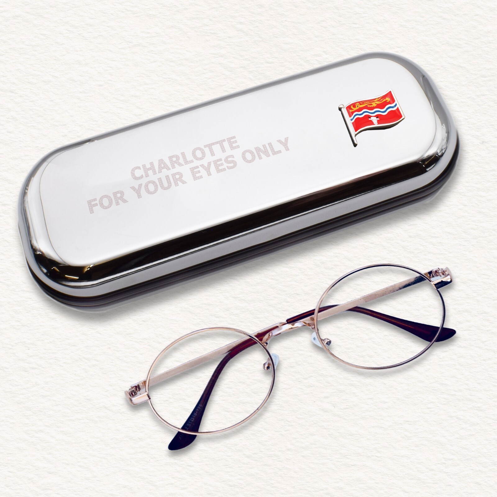 Hereford Wave Flag & Engraved With Message Chromed Glasses Case Box