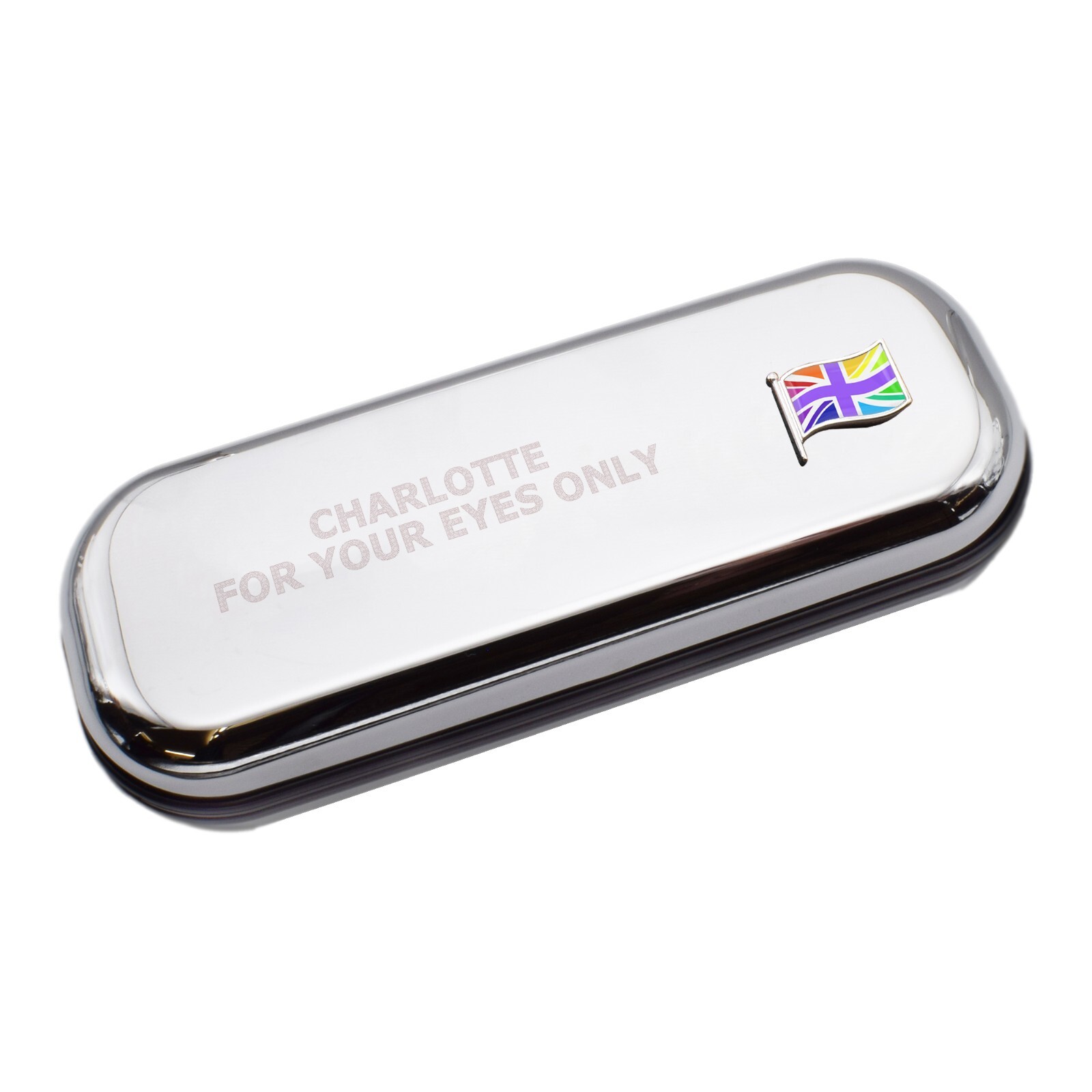 UK Rainbow Wave Flag & Engraved With Message Chromed Glasses Case Box