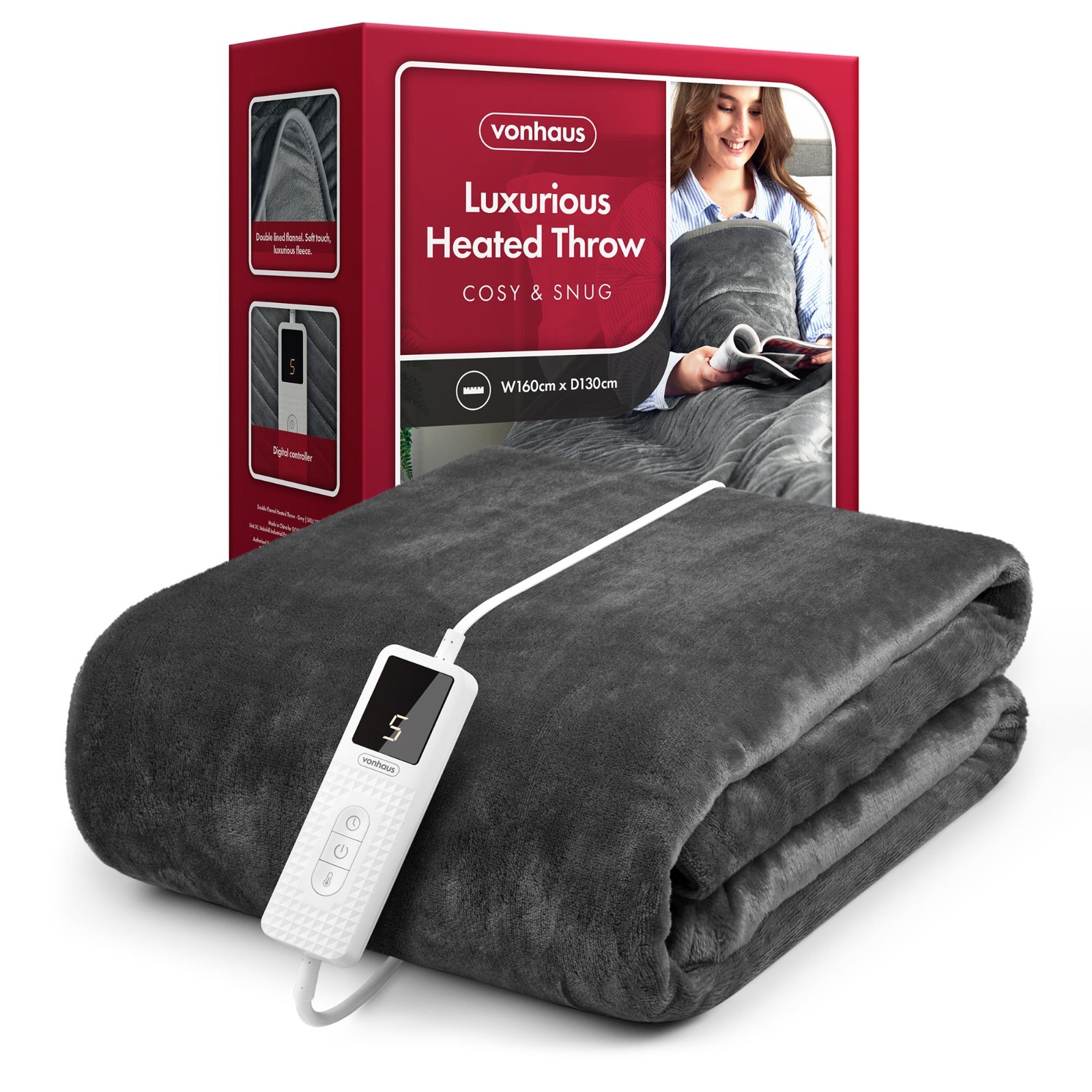 VonHaus Heated Throw Blanket Electric, 160 x 130cm, 9 Heat Settings, 9 Hr Timer