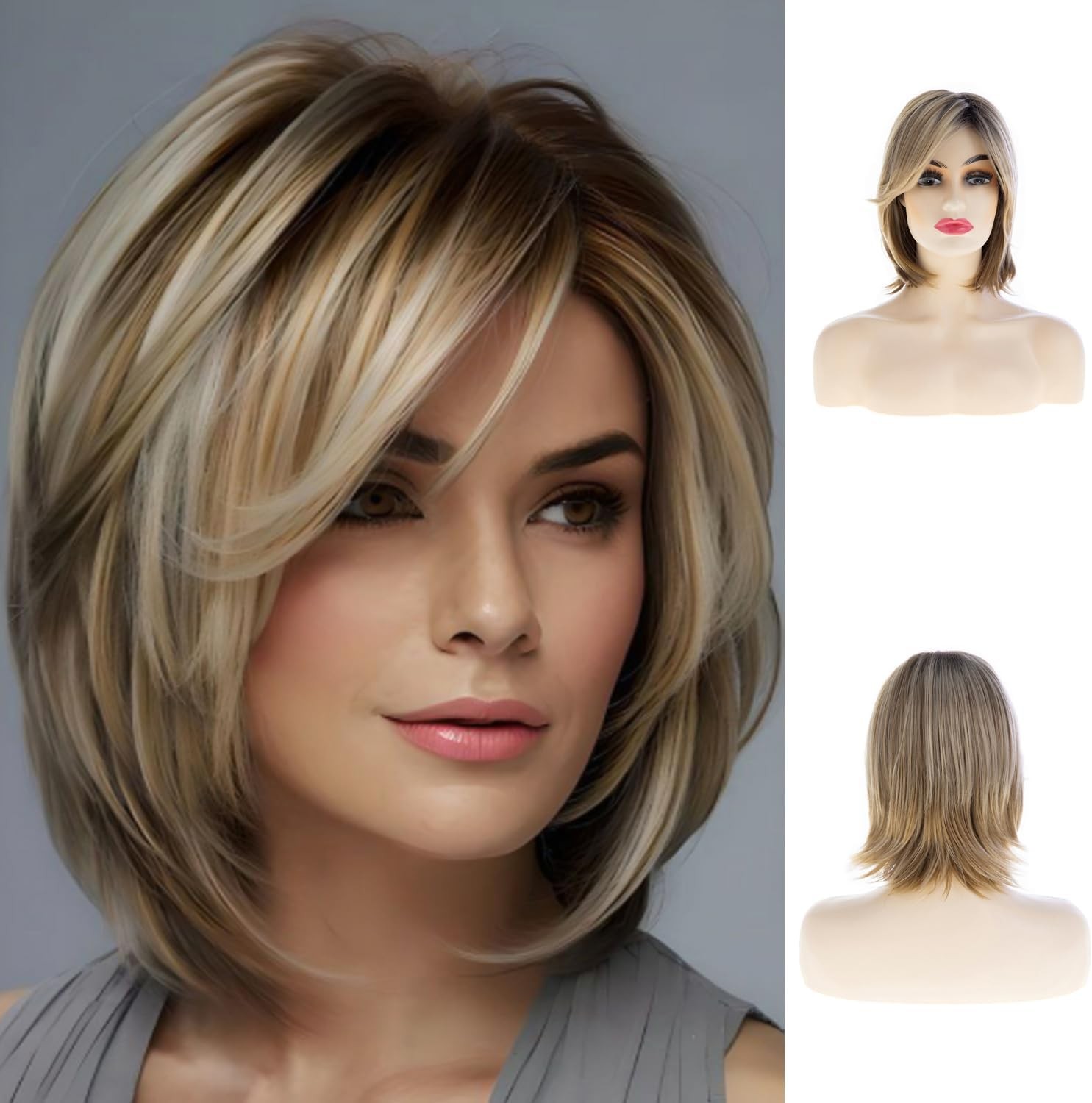Short Brown Blonde Wig for Women Straight Heat Resistant Synthetic Daily Party