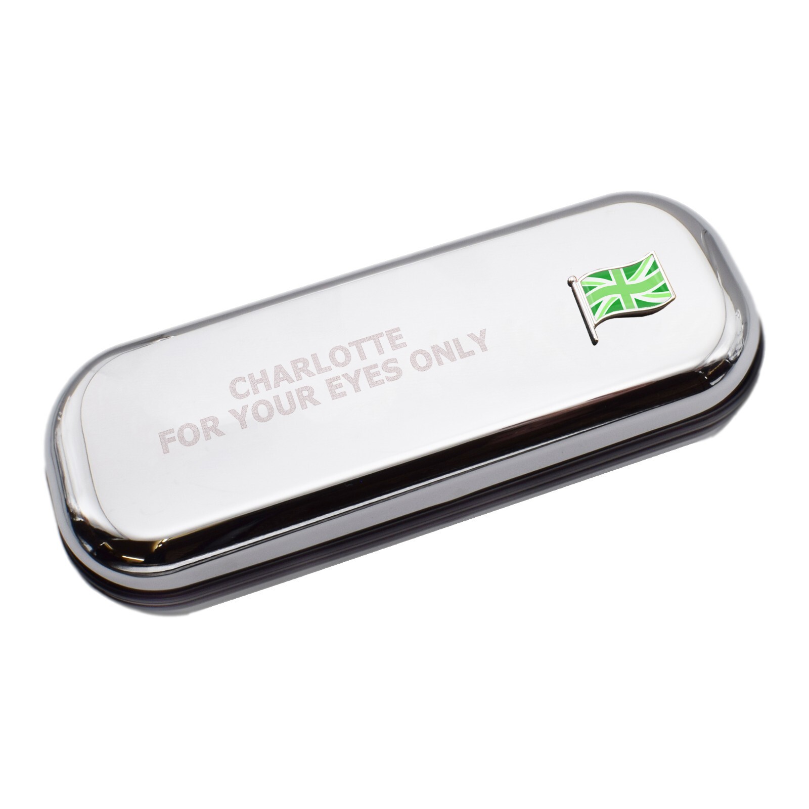 UK Green Wave Flag & Engraved With Message Chromed Glasses Case Box