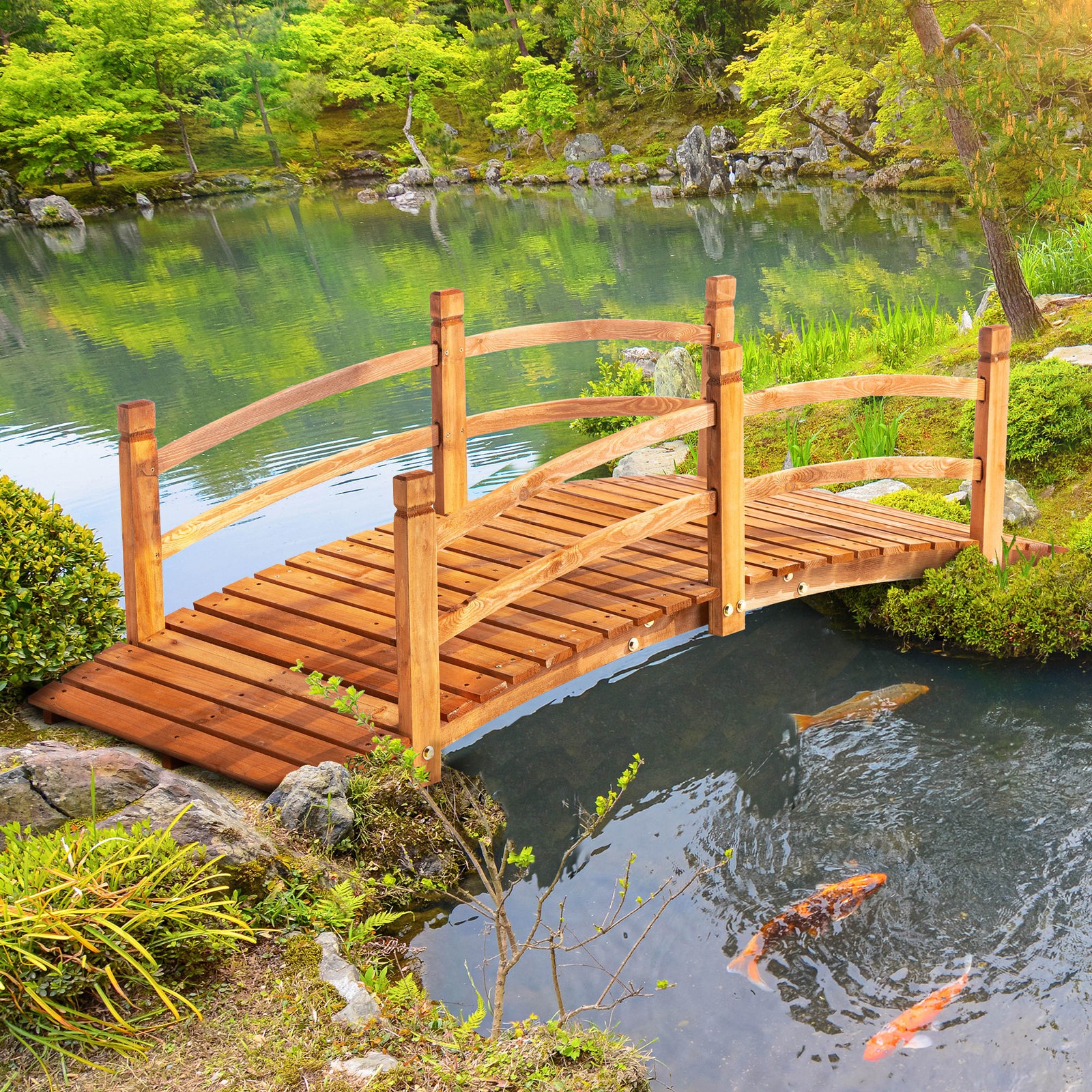 6FT Wooden Garden Bridge with Safety Railings, Classic Arc Footbridge